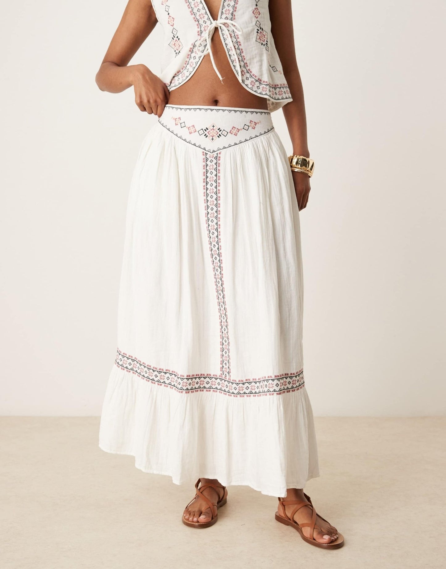 Threadbare cotton rich woven co-ord maxi skirt with embroidery in cream - ASOS Sample Sale