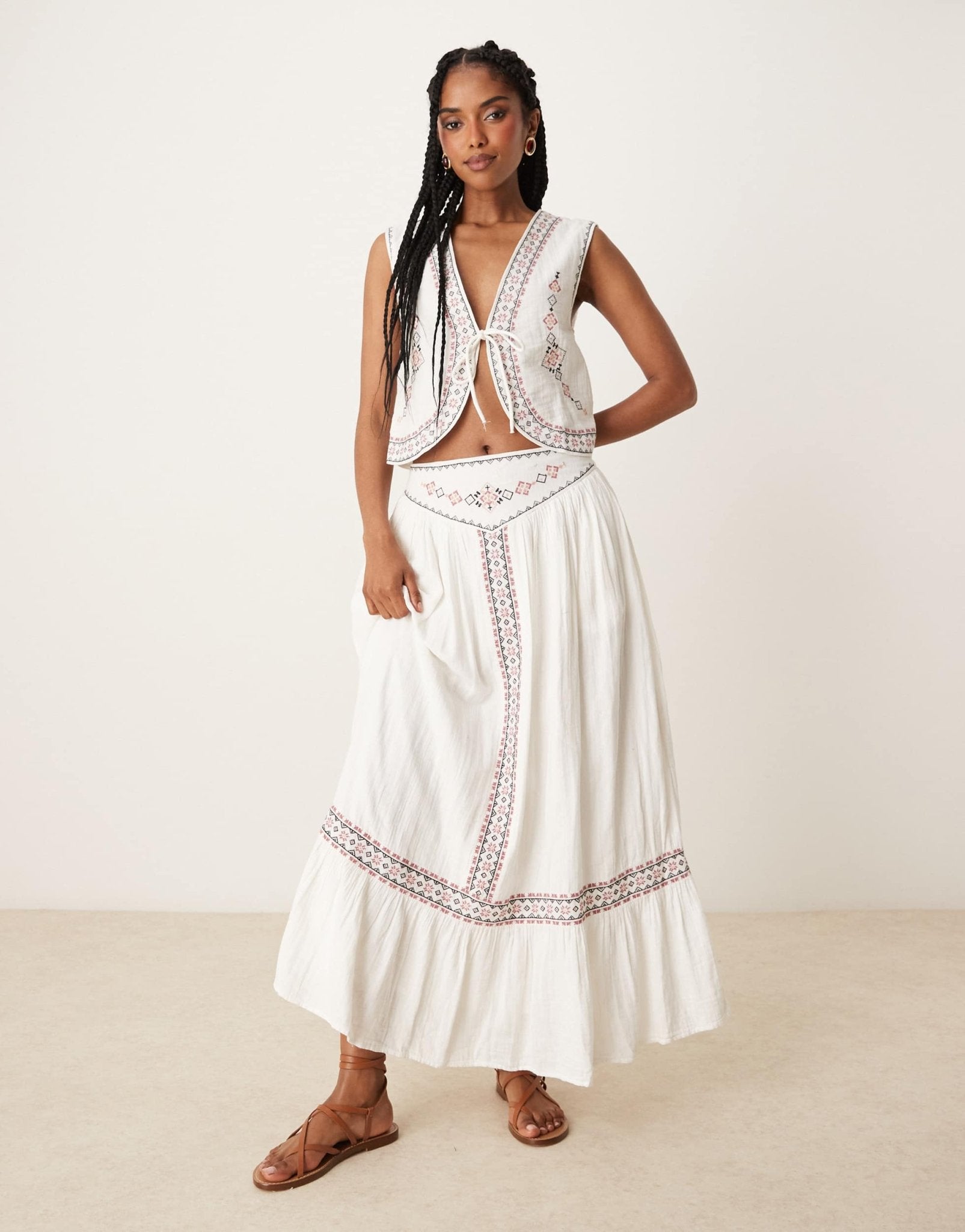 Threadbare cotton rich woven co-ord maxi skirt with embroidery in cream - ASOS Sample Sale