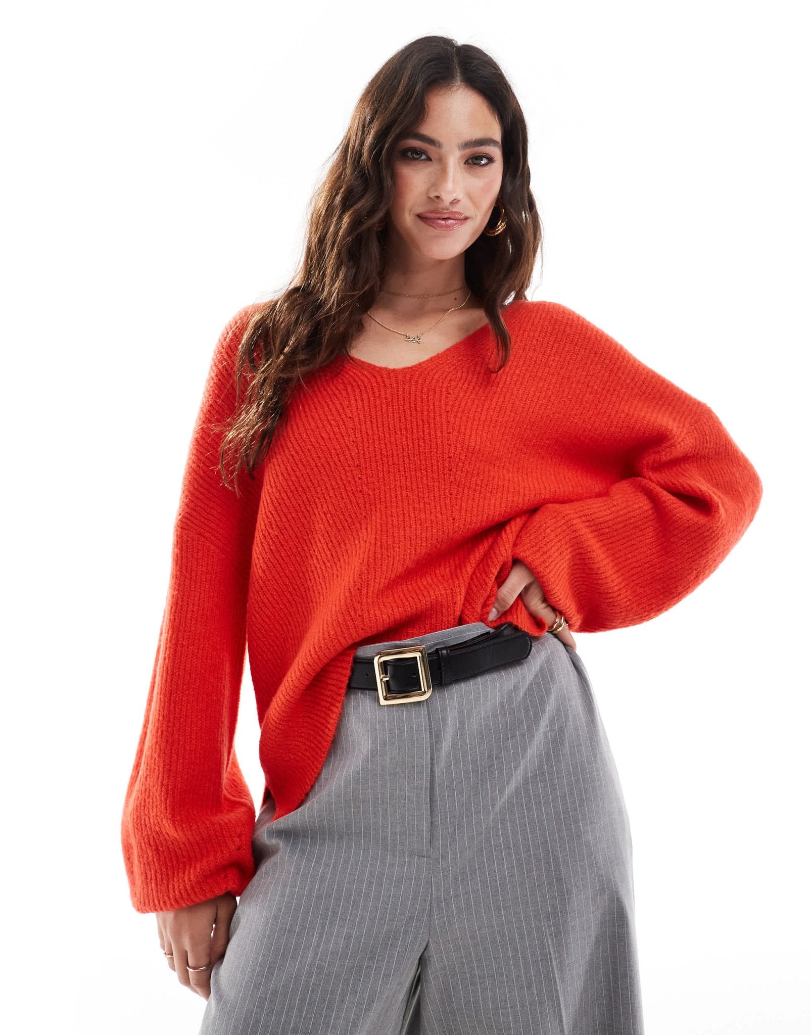 Threadbare fluffy v-neck slouchy jumper in red - ASOS Sample Sale