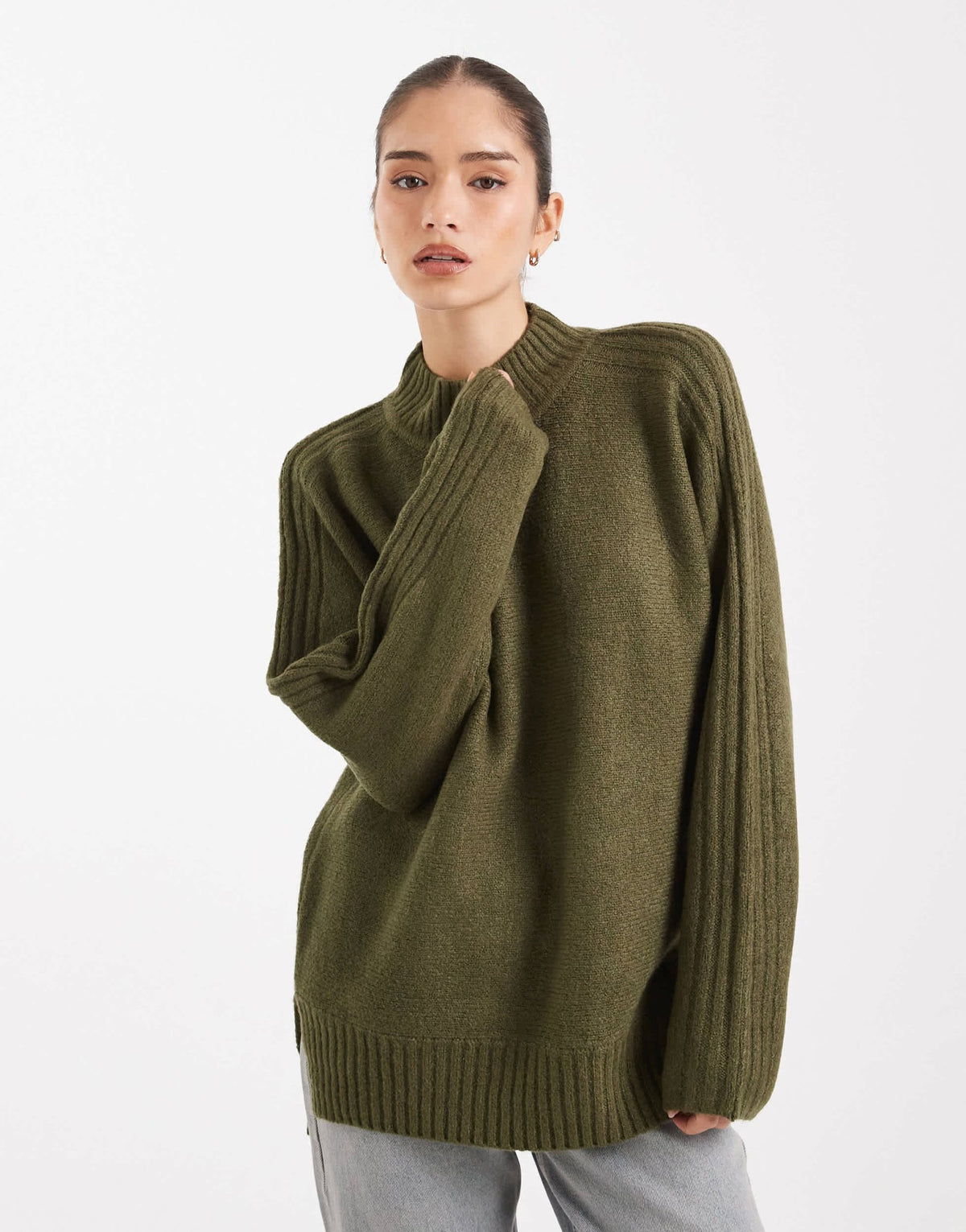 Threadbare high neck oversized jumper in khaki - ASOS Sample Sale