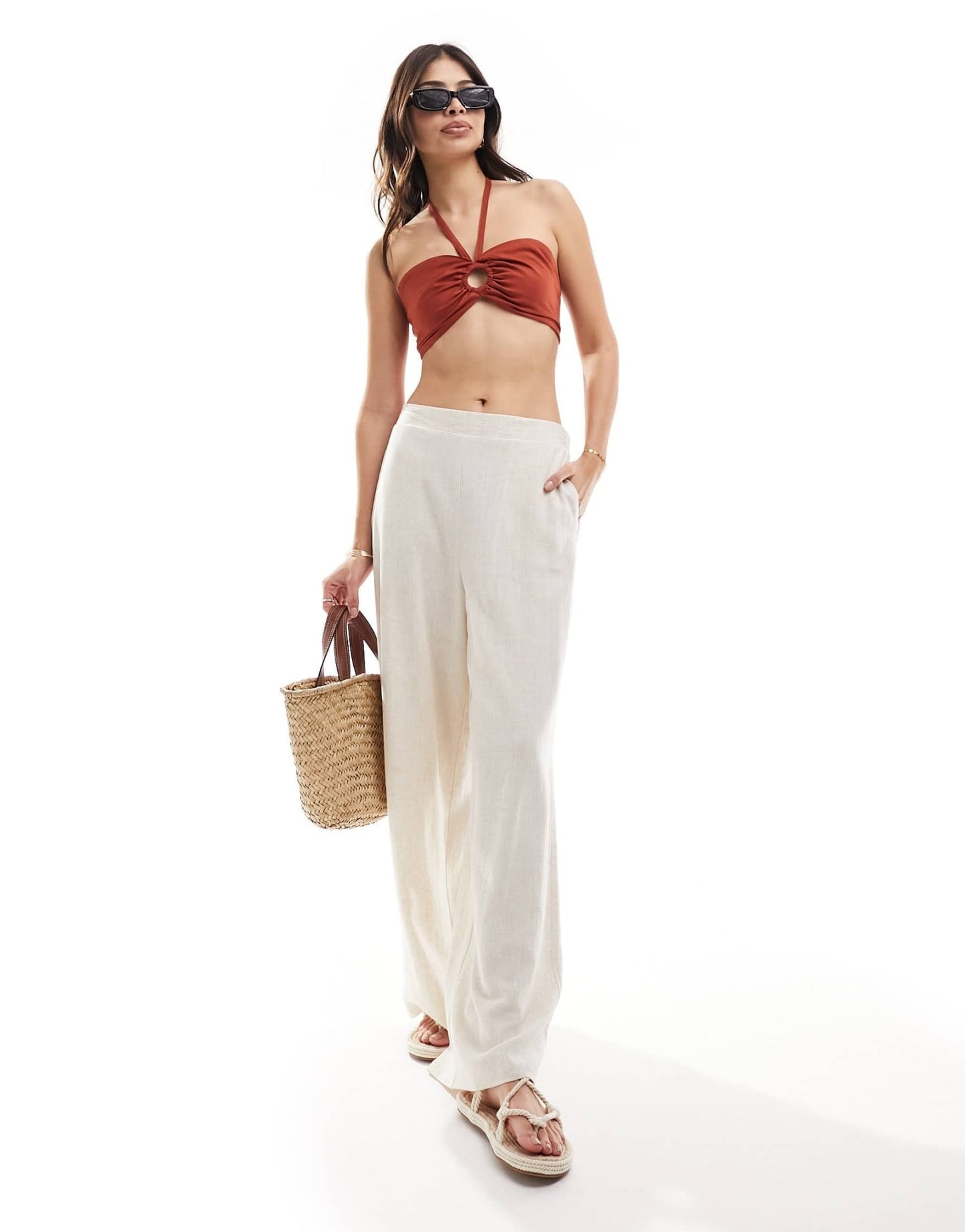 Threadbare linen look halter neck ring front crop top co - ord in rust - ASOS Sample Sale