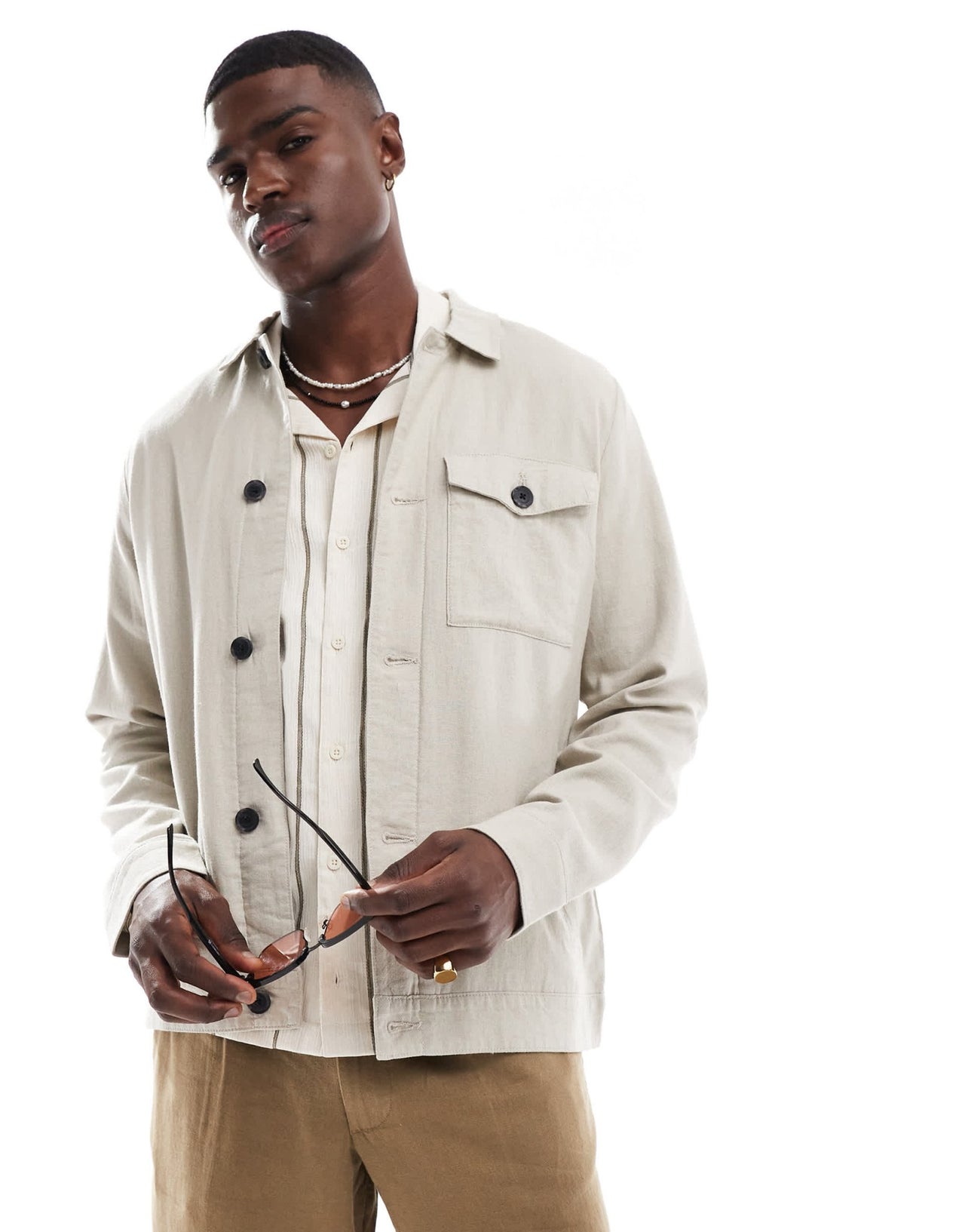 Threadbare linen rich button down jacket in stone - ASOS Sample Sale