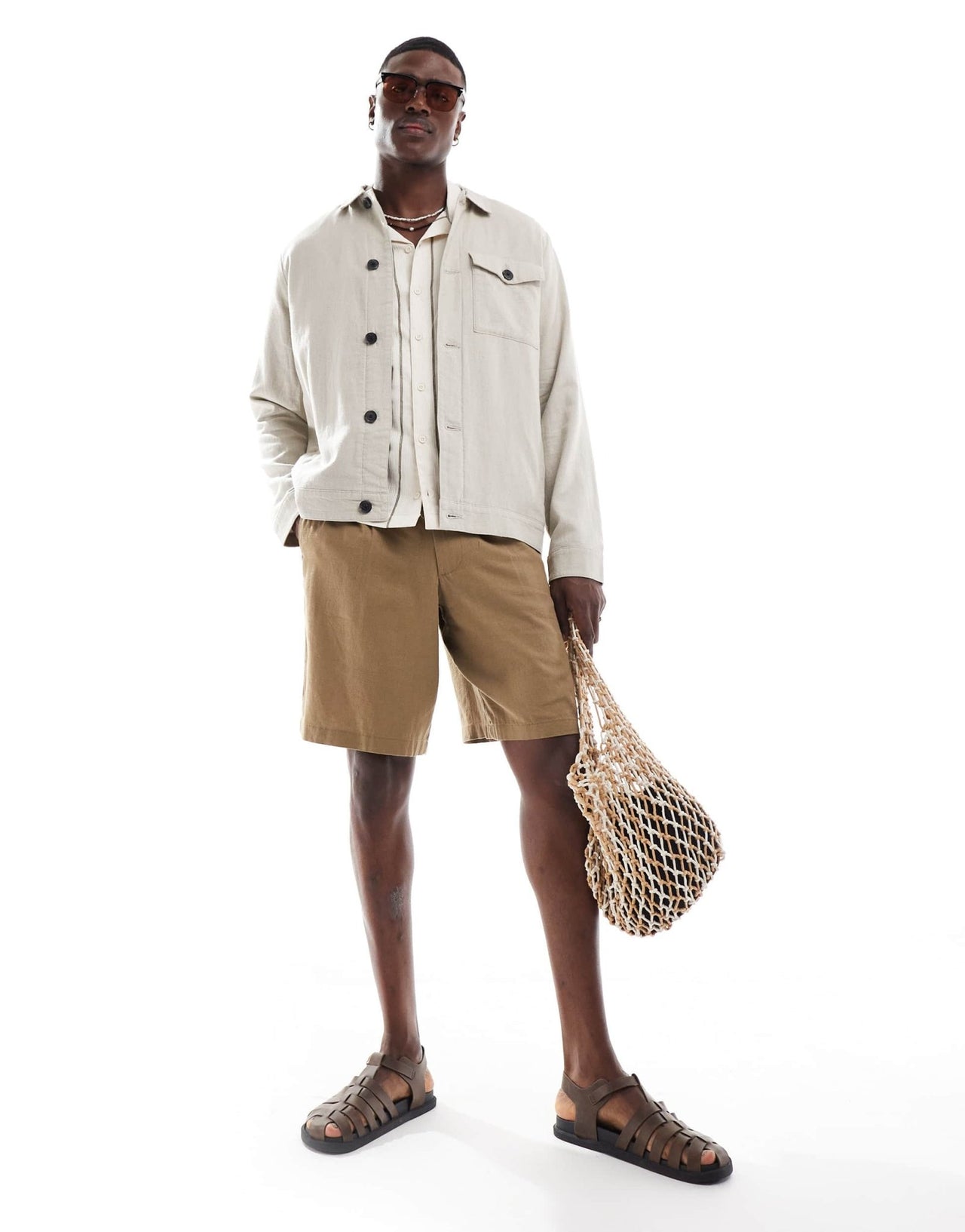 Threadbare linen rich button down jacket in stone - ASOS Sample Sale
