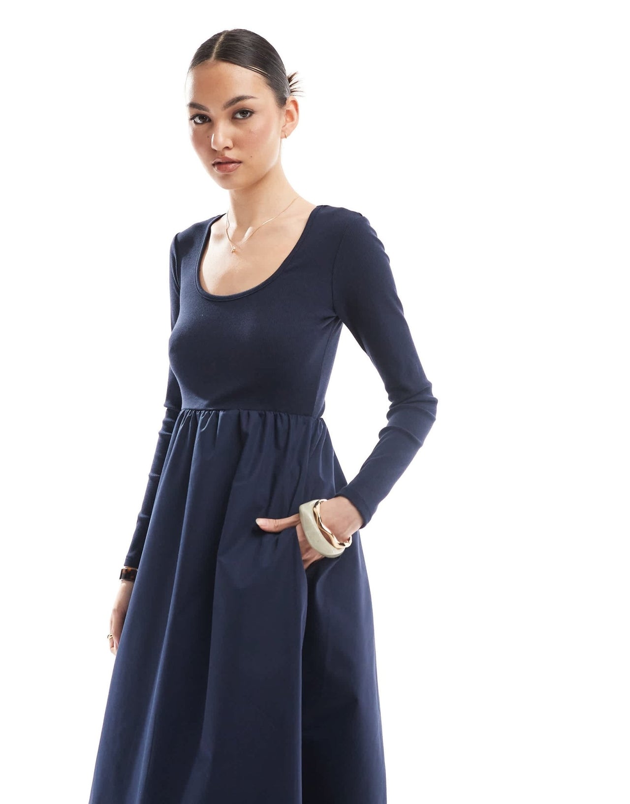 Threadbare long sleeve jersey poplin mix midi dress in navy - ASOS Sample Sale