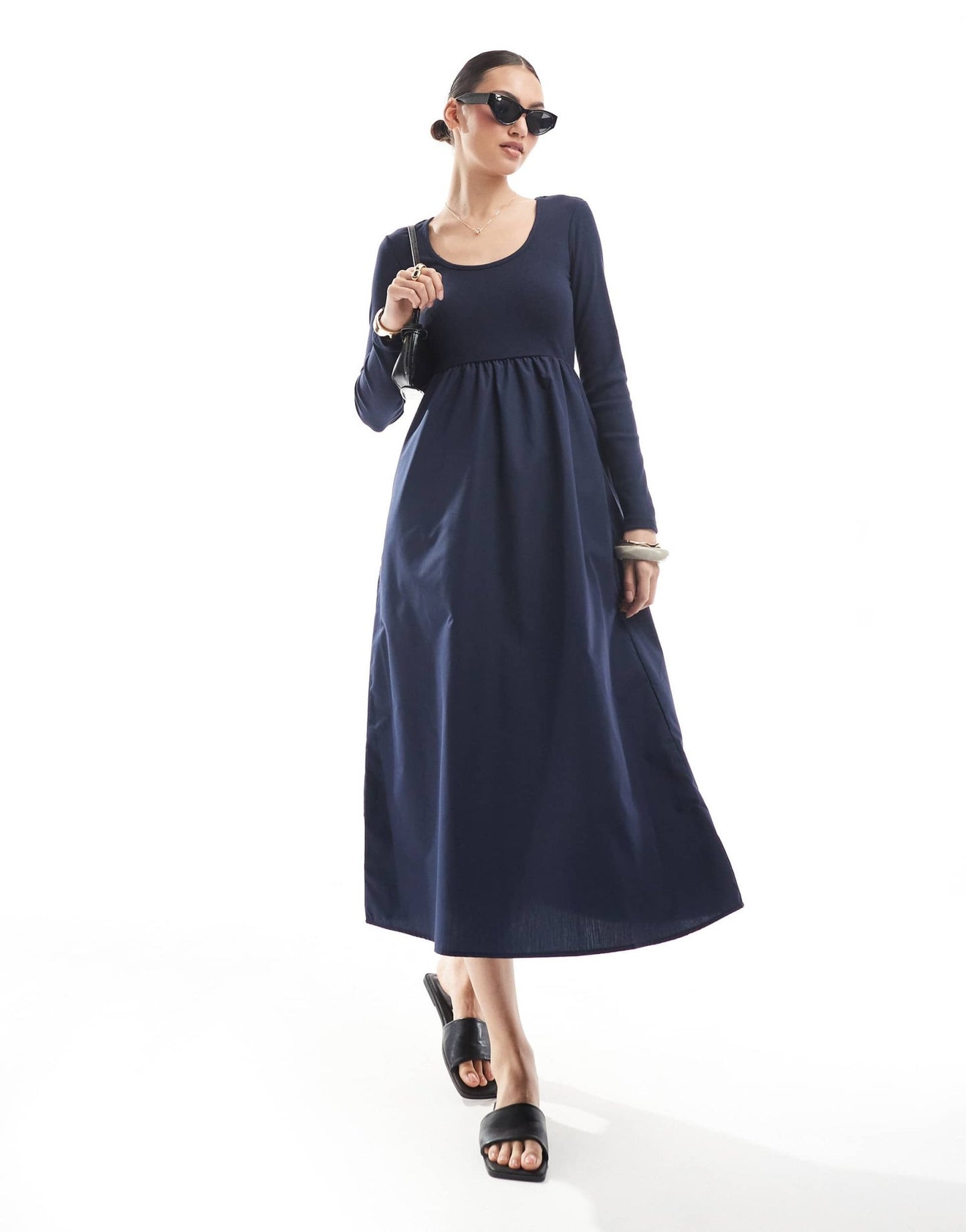 Threadbare long sleeve jersey poplin mix midi dress in navy - ASOS Sample Sale
