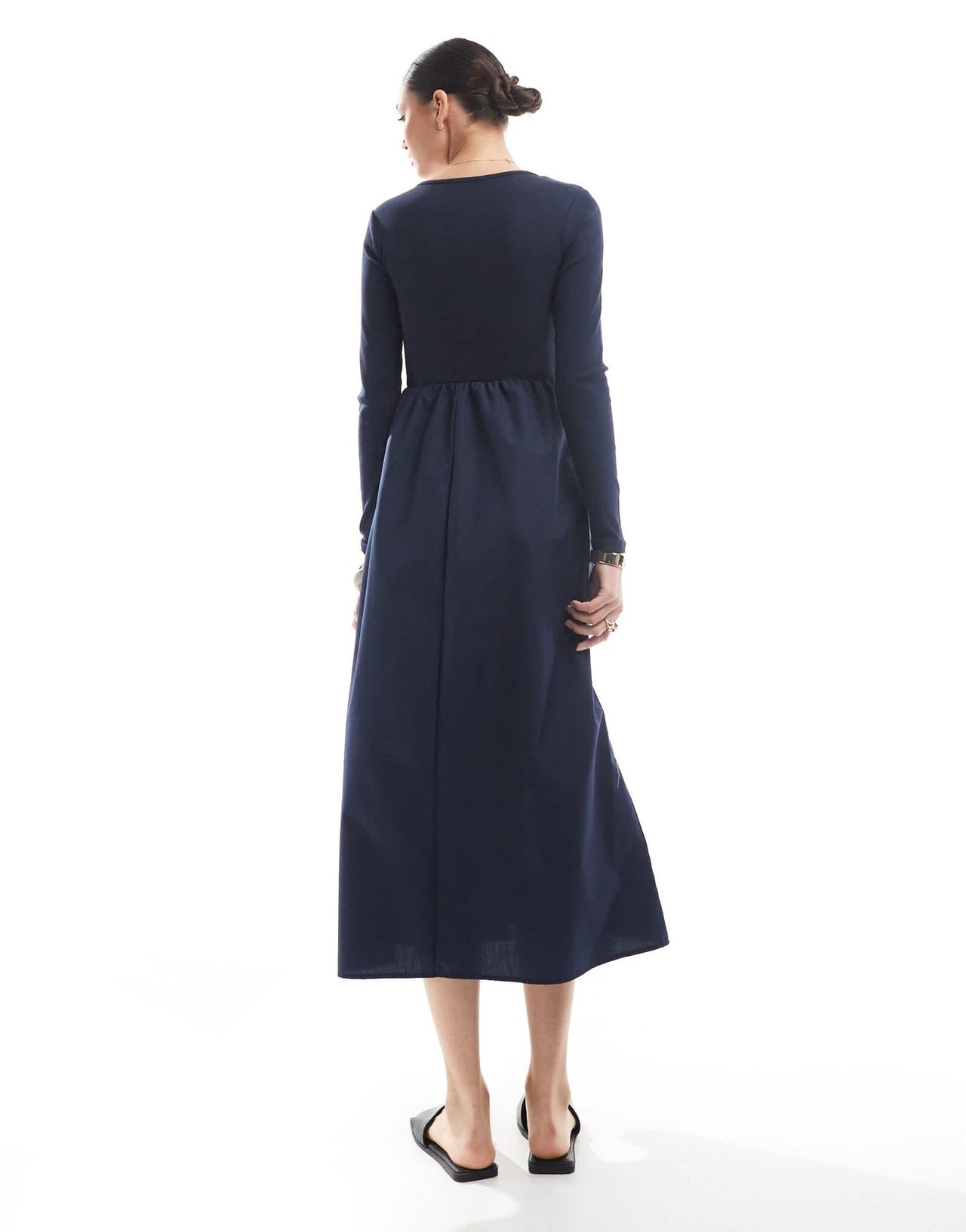 Threadbare long sleeve jersey poplin mix midi dress in navy - ASOS Sample Sale