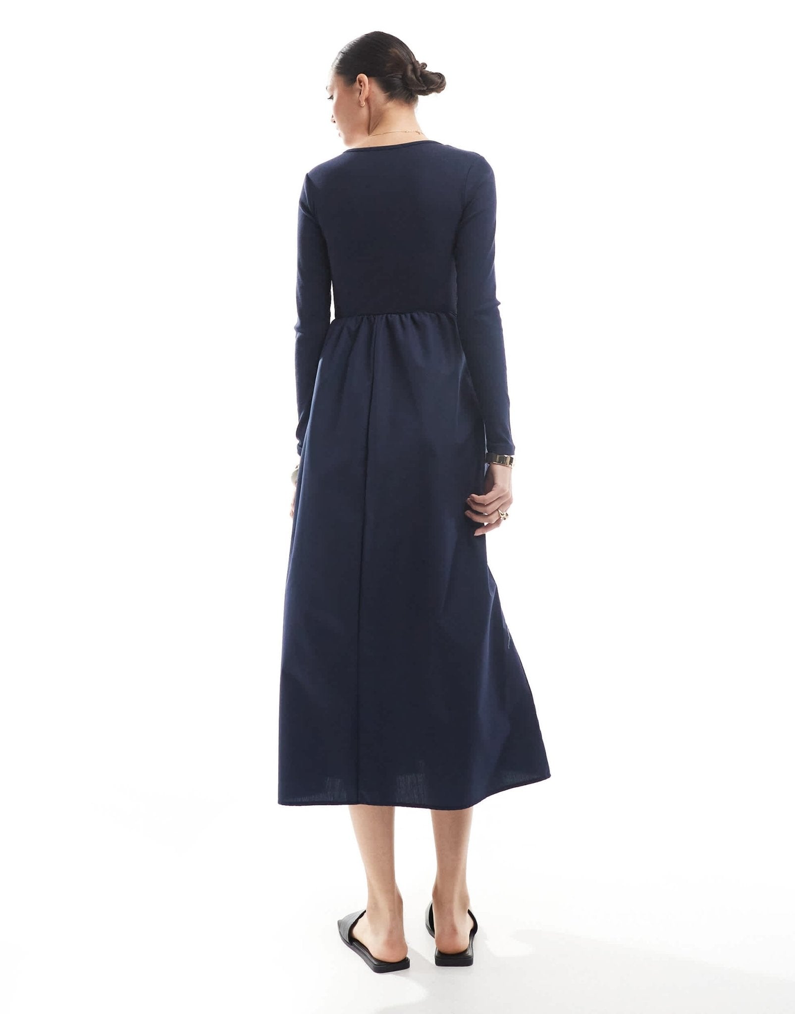 Threadbare long sleeve jersey poplin mix midi dress in navy - ASOS Sample Sale