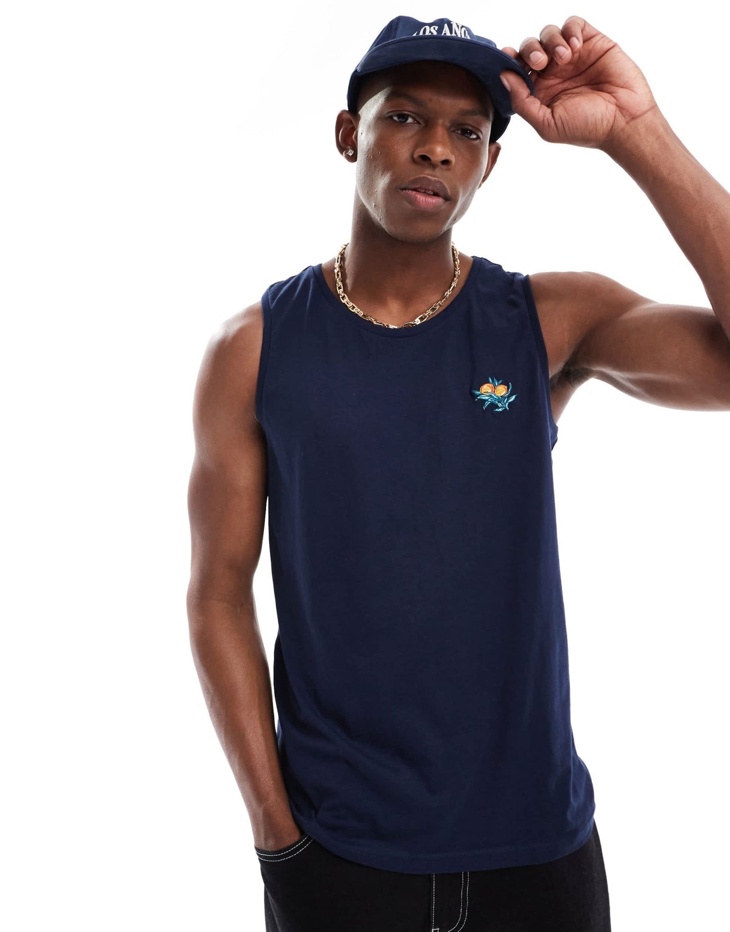 Threadbare orange embroidery vest in navy - ASOS Sample Sale