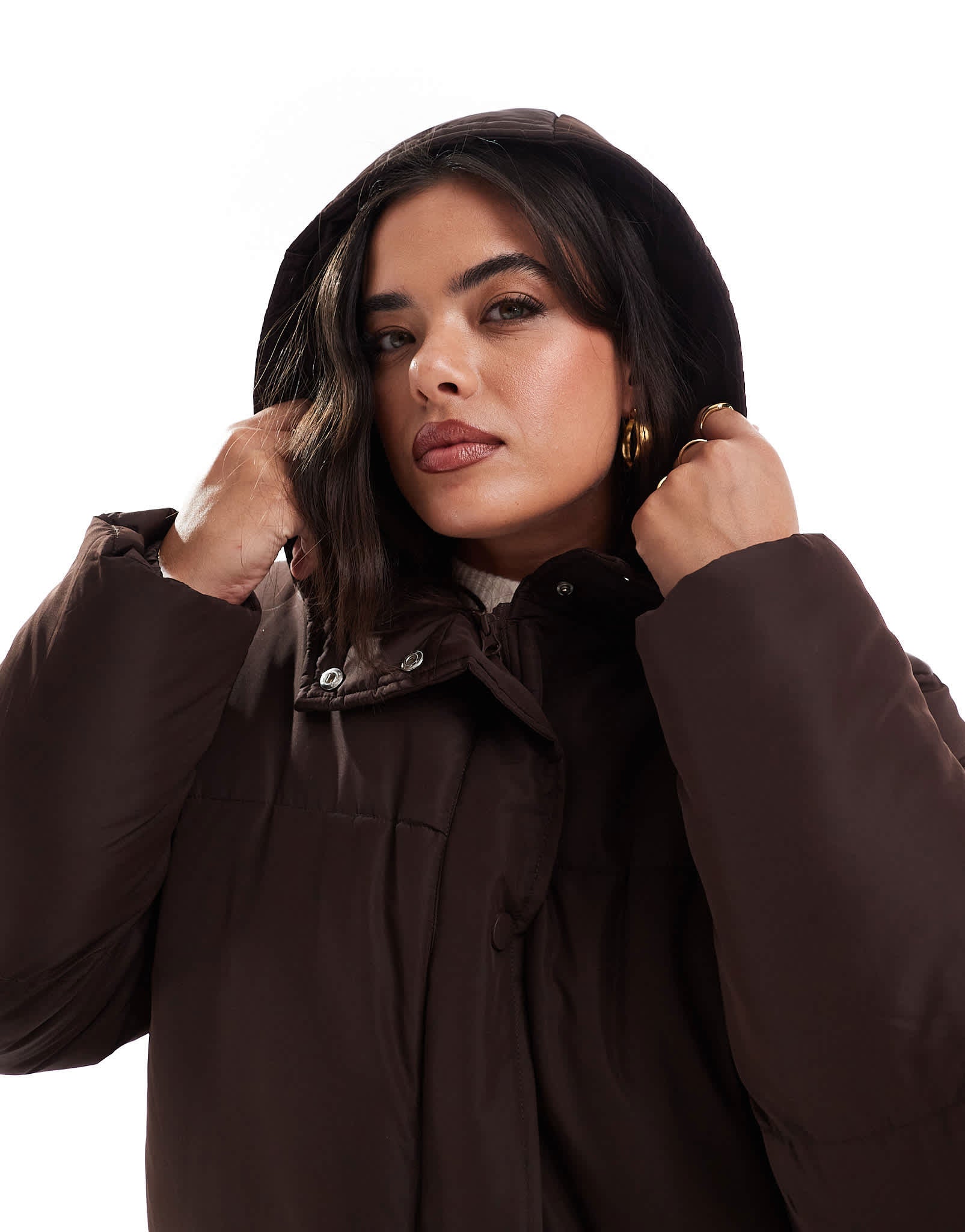 Threadbare Plus maxi puffer coat with hood in brown - ASOS Sample Sale