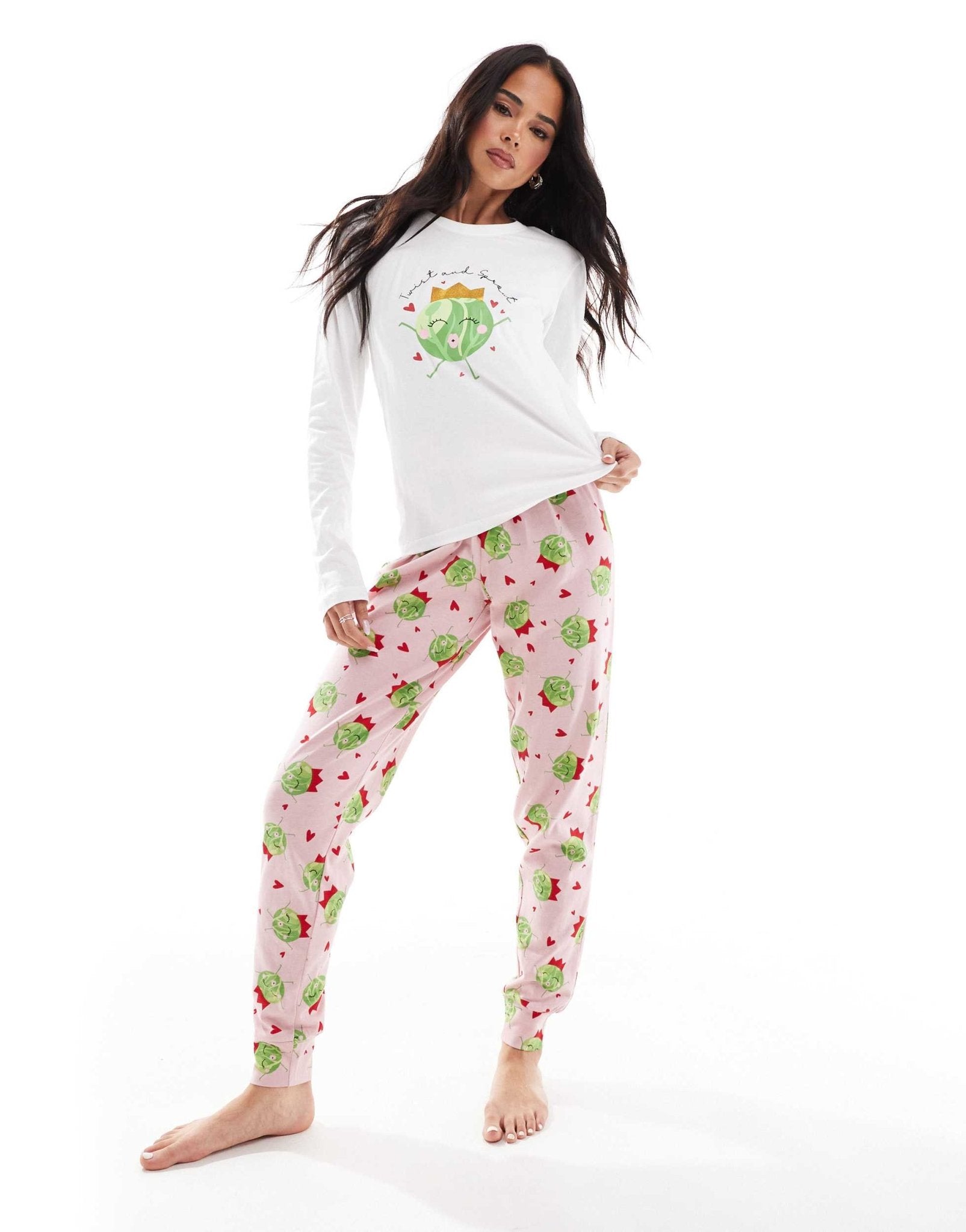 Threadbare sprout print long pyjama set in pink - ASOS Sample Sale