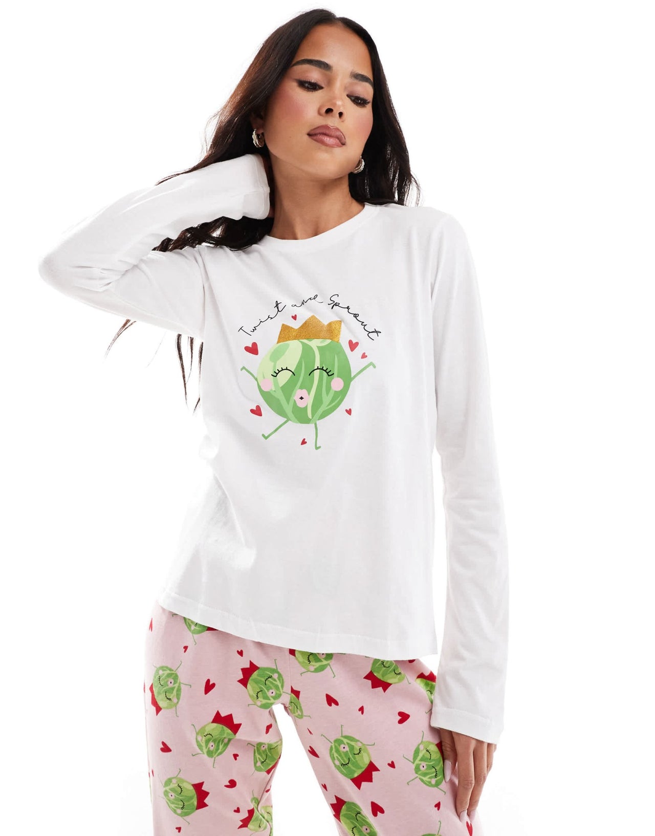 Threadbare sprout print long pyjama set in pink - ASOS Sample Sale