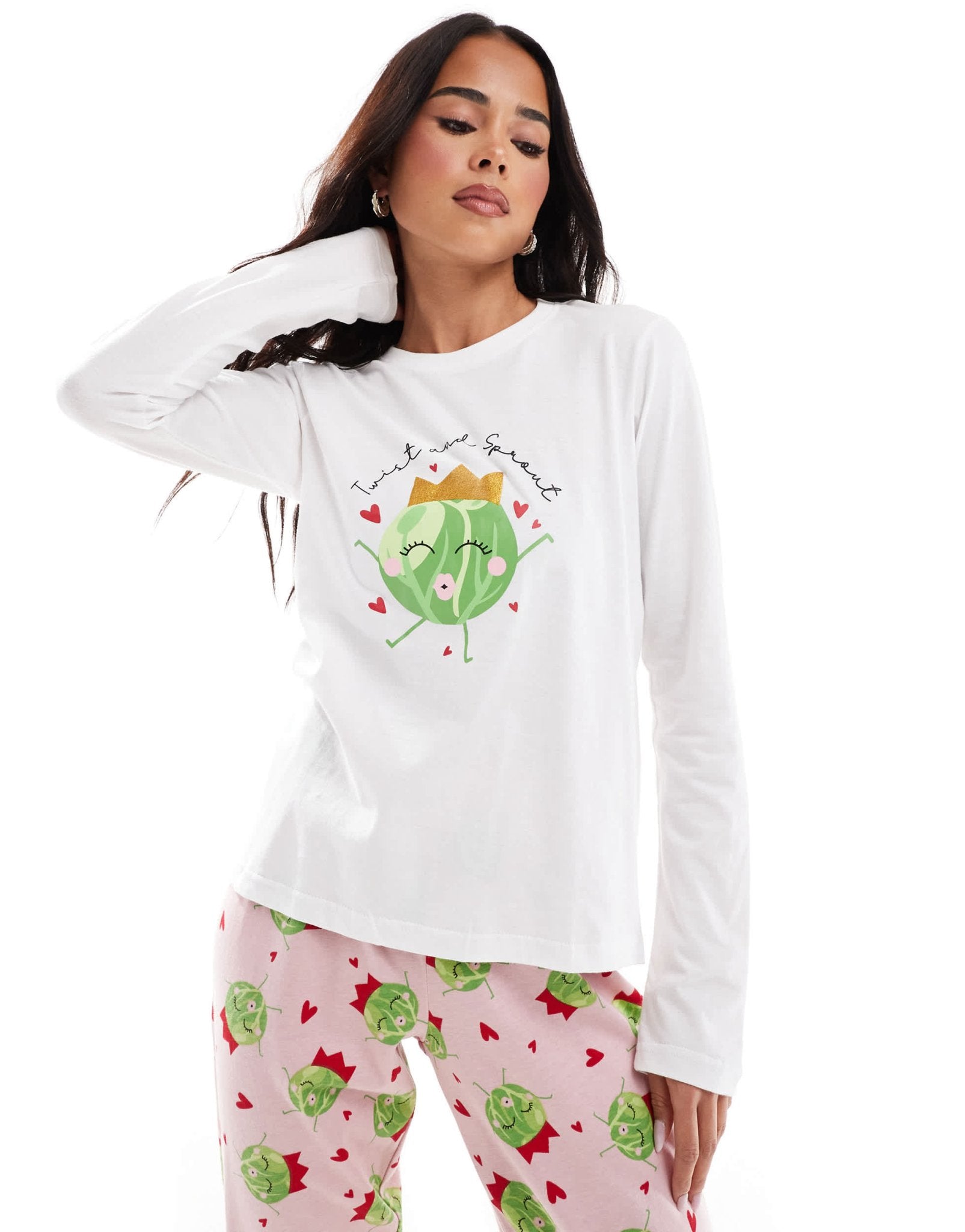 Threadbare sprout print long pyjama set in pink - ASOS Sample Sale