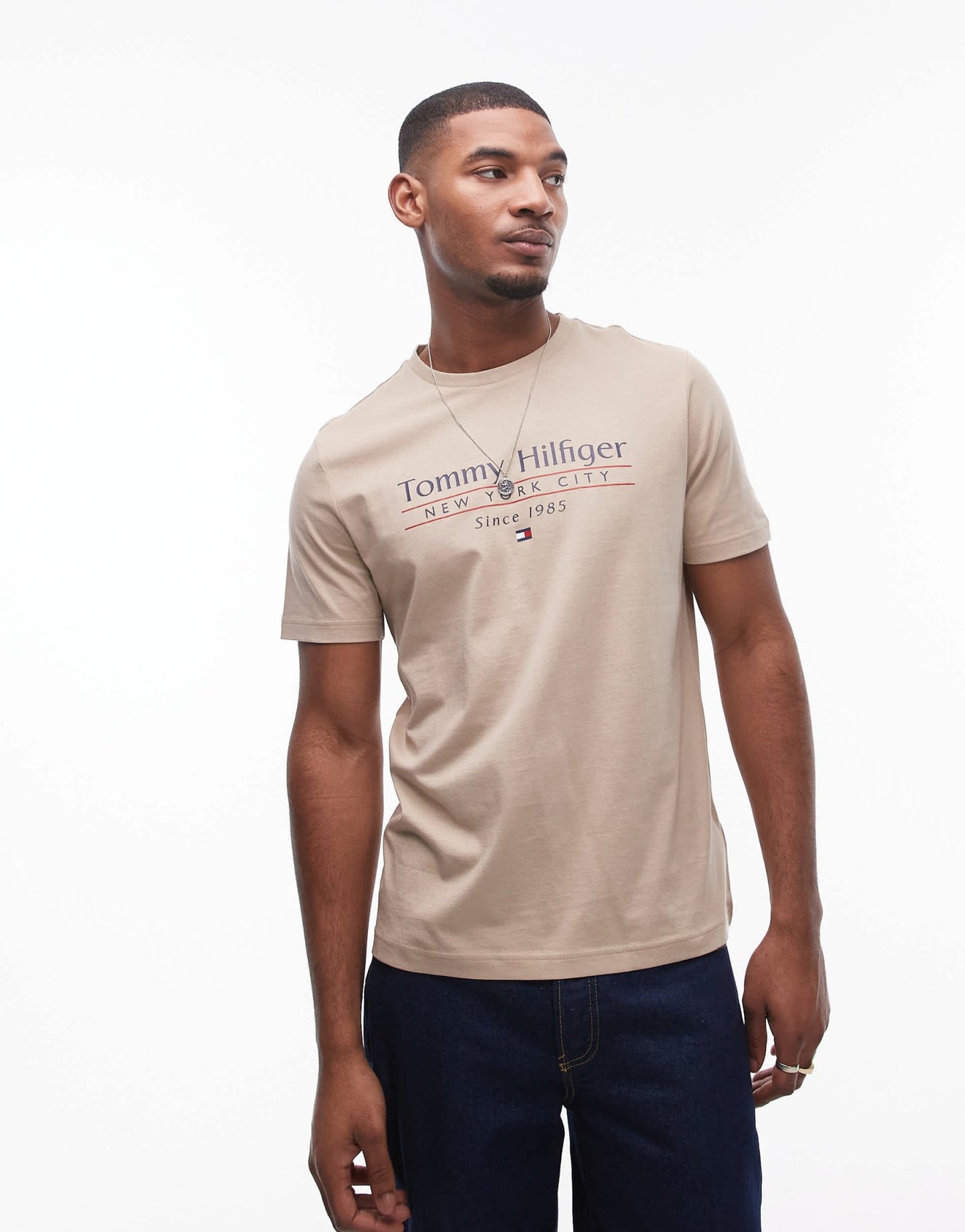 Tommy Hilfiger centre stack linear logo t-shirt in beige - ASOS Sample Sale