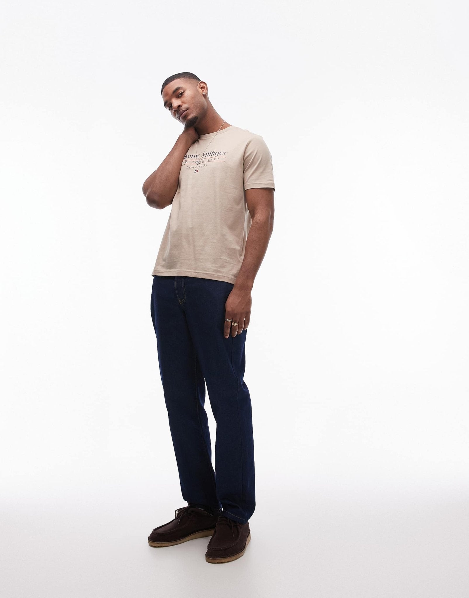 Tommy Hilfiger centre stack linear logo t-shirt in beige - ASOS Sample Sale