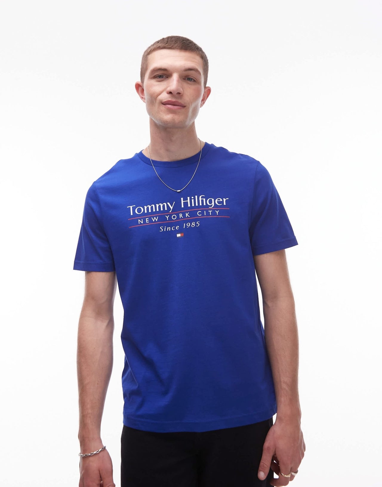 Tommy Hilfiger centre stack linear logo t-shirt in bright blue - ASOS Sample Sale