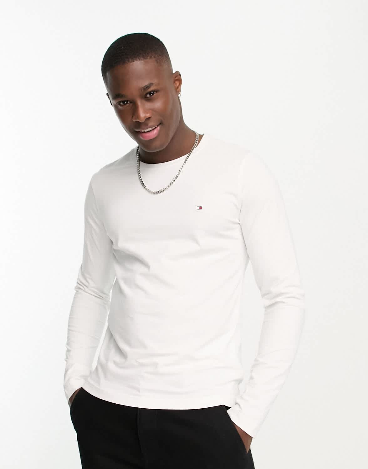 Tommy Hilfiger cotton icon logo stretch slim fit long sleeve top in white - ASOS Sample Sale