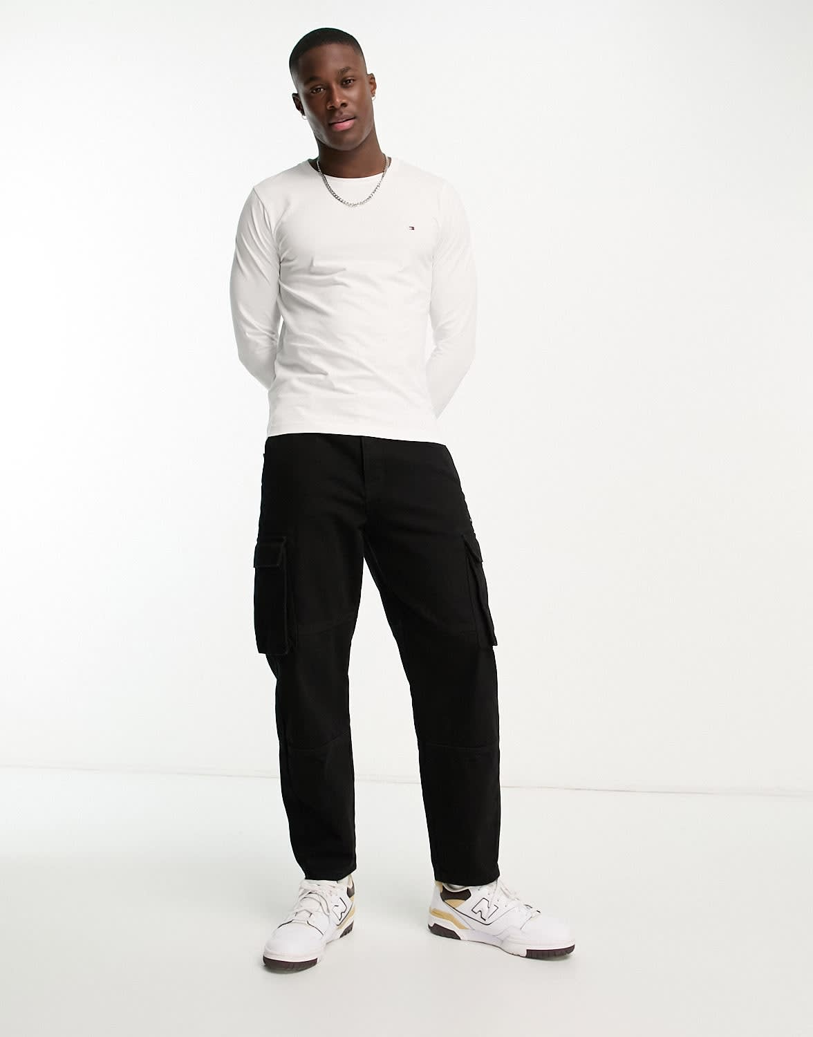 Tommy Hilfiger cotton icon logo stretch slim fit long sleeve top in white - ASOS Sample Sale