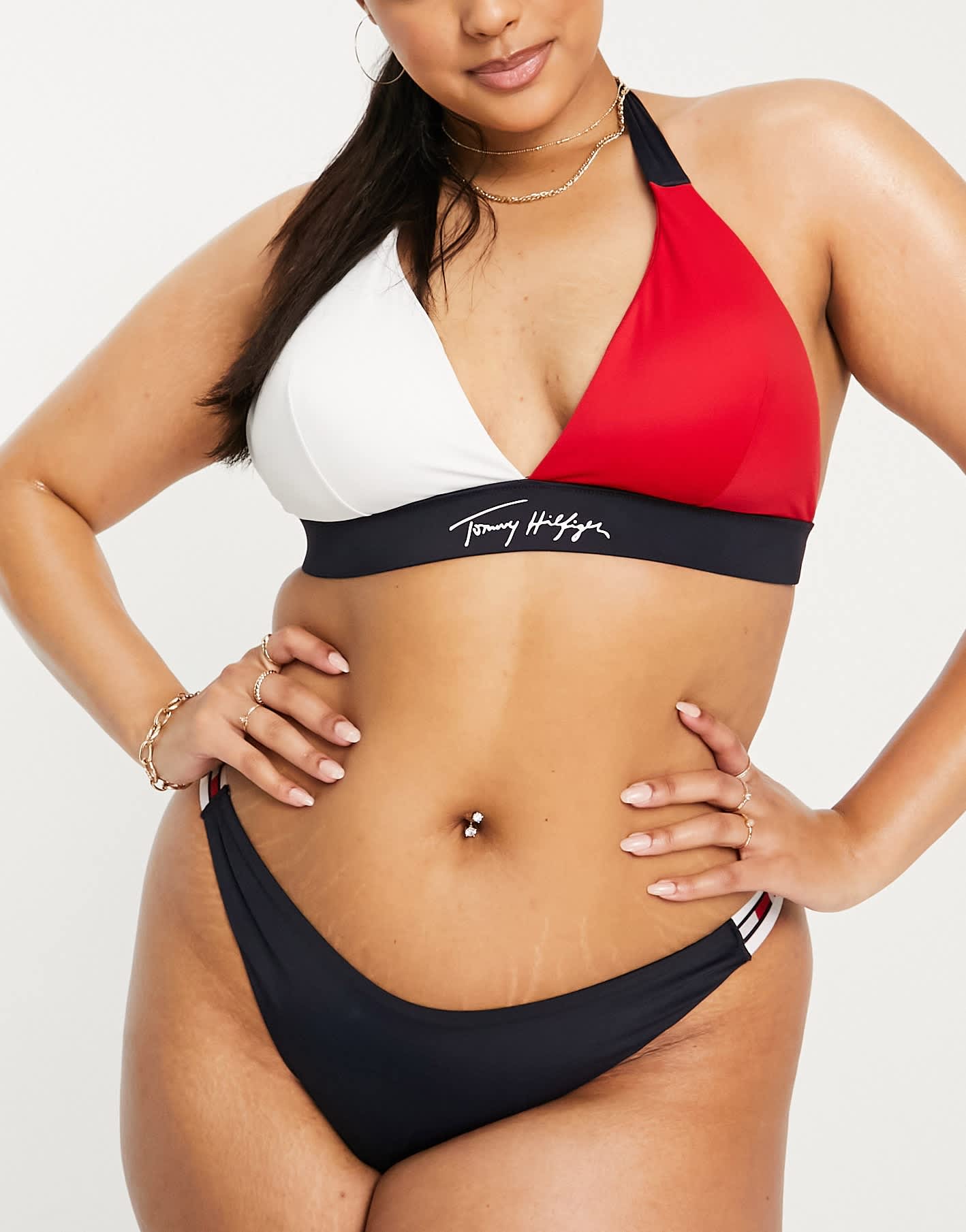 Tommy Hilfiger Jeans Curve cheeky bikini bottom in red multi - ASOS Sample Sale
