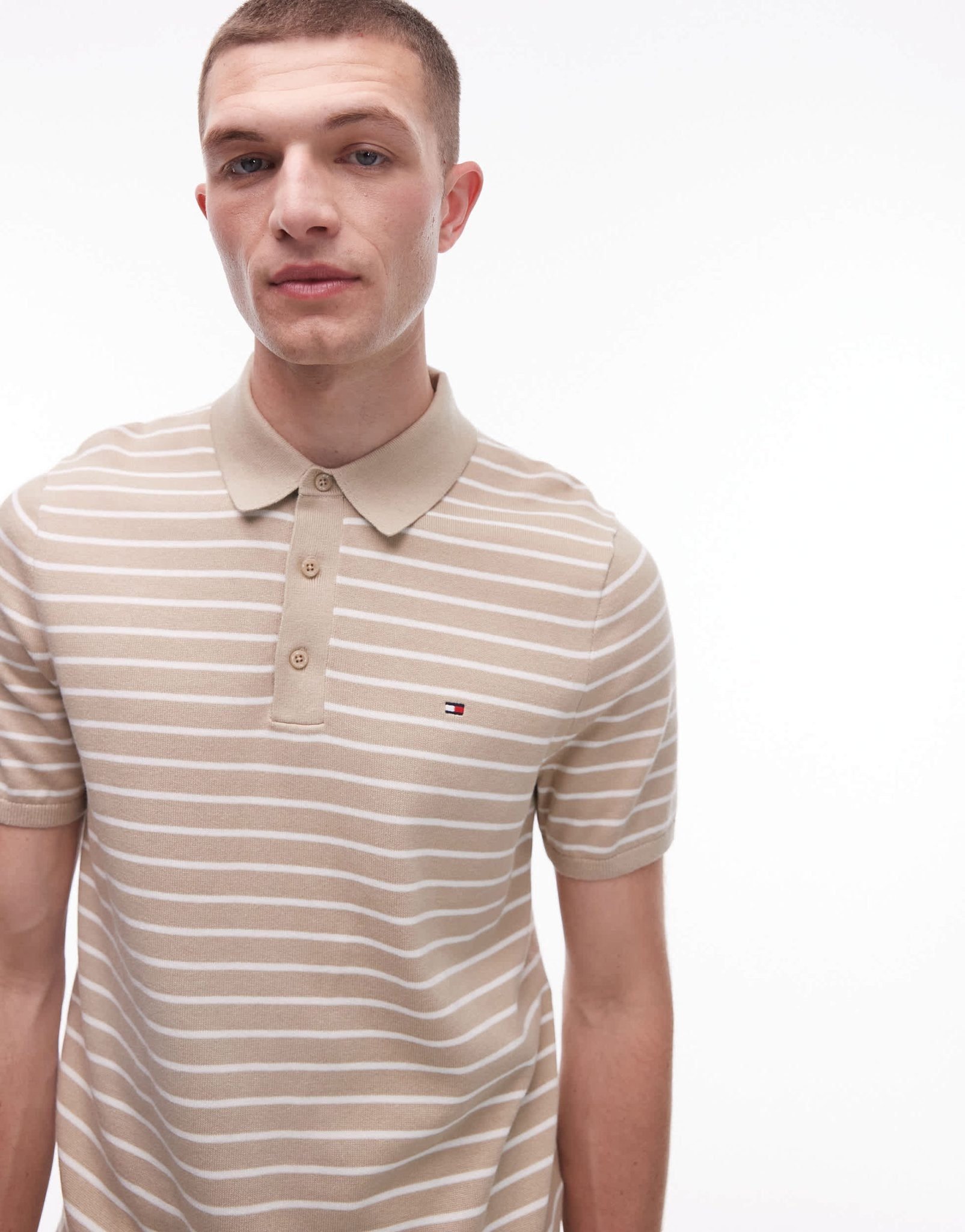 Tommy Hilfiger knitted polo shirt in beige stripe - ASOS Sample Sale