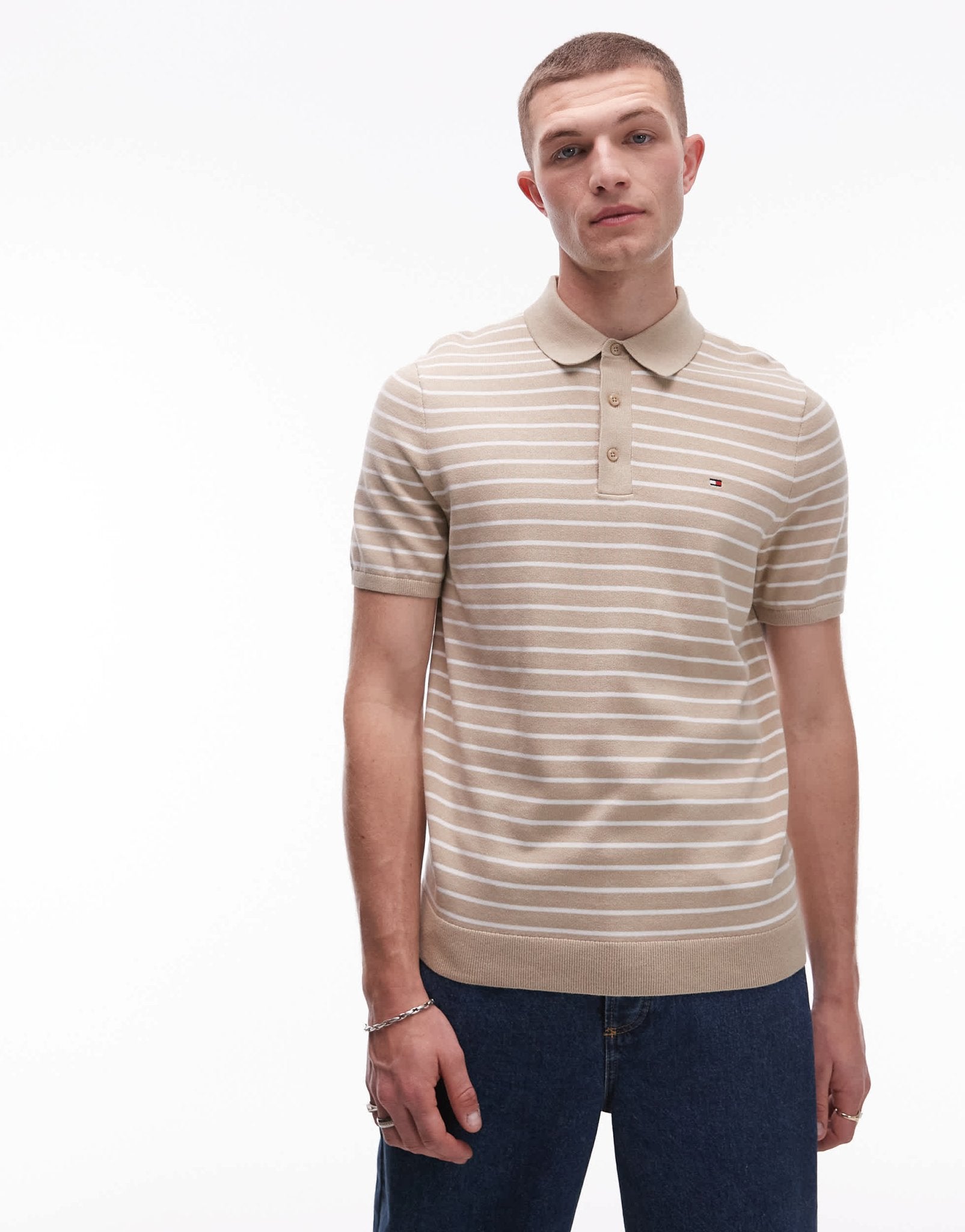 Tommy Hilfiger knitted polo shirt in beige stripe - ASOS Sample Sale