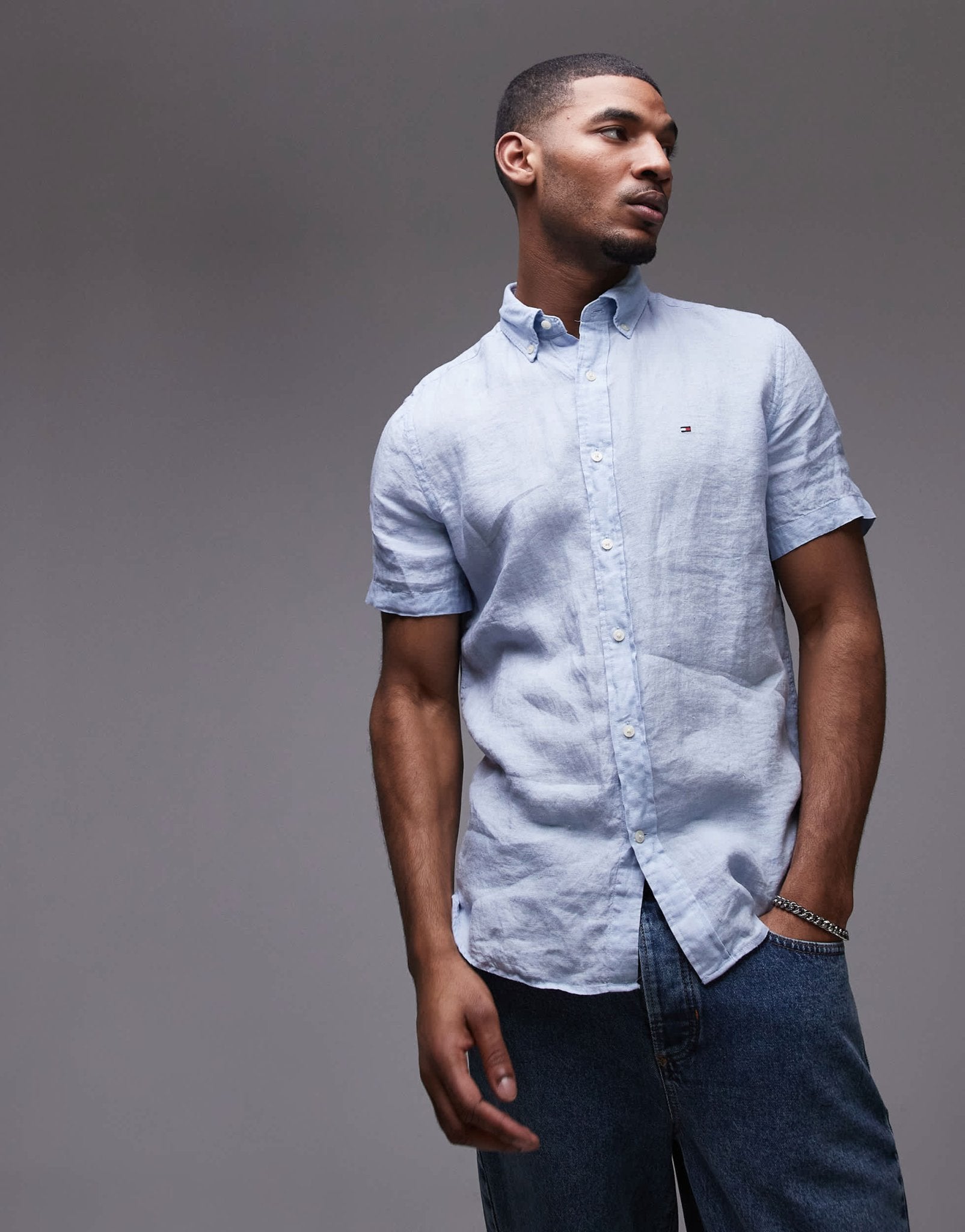 Tommy Hilfiger linen short sleeve shirt in pale blue - ASOS Sample Sale