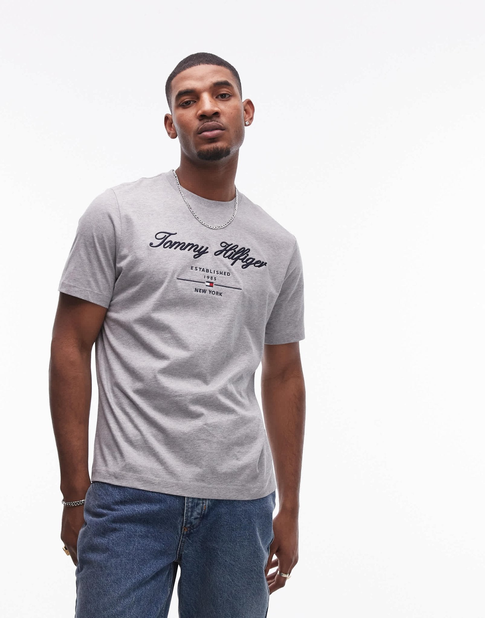 Tommy Hilfiger script logo t-shirt in grey - ASOS Sample Sale
