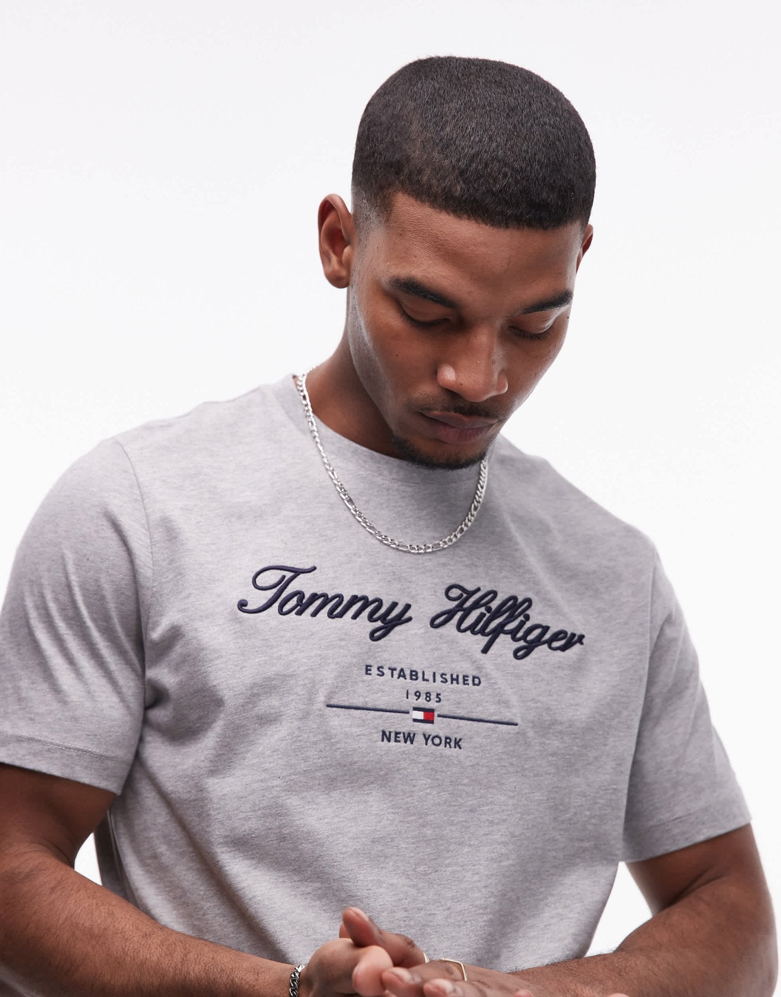 Tommy Hilfiger script logo t-shirt in grey - ASOS Sample Sale