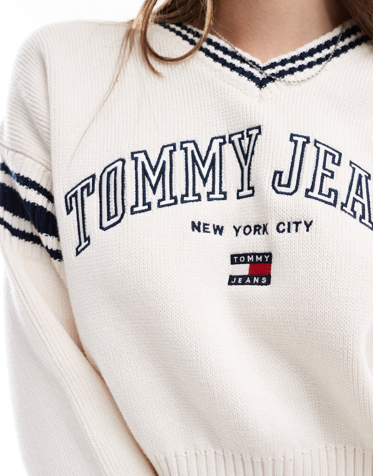 Tommy Jeans crop varsity v neck jumper in white - ASOS Sample Sale