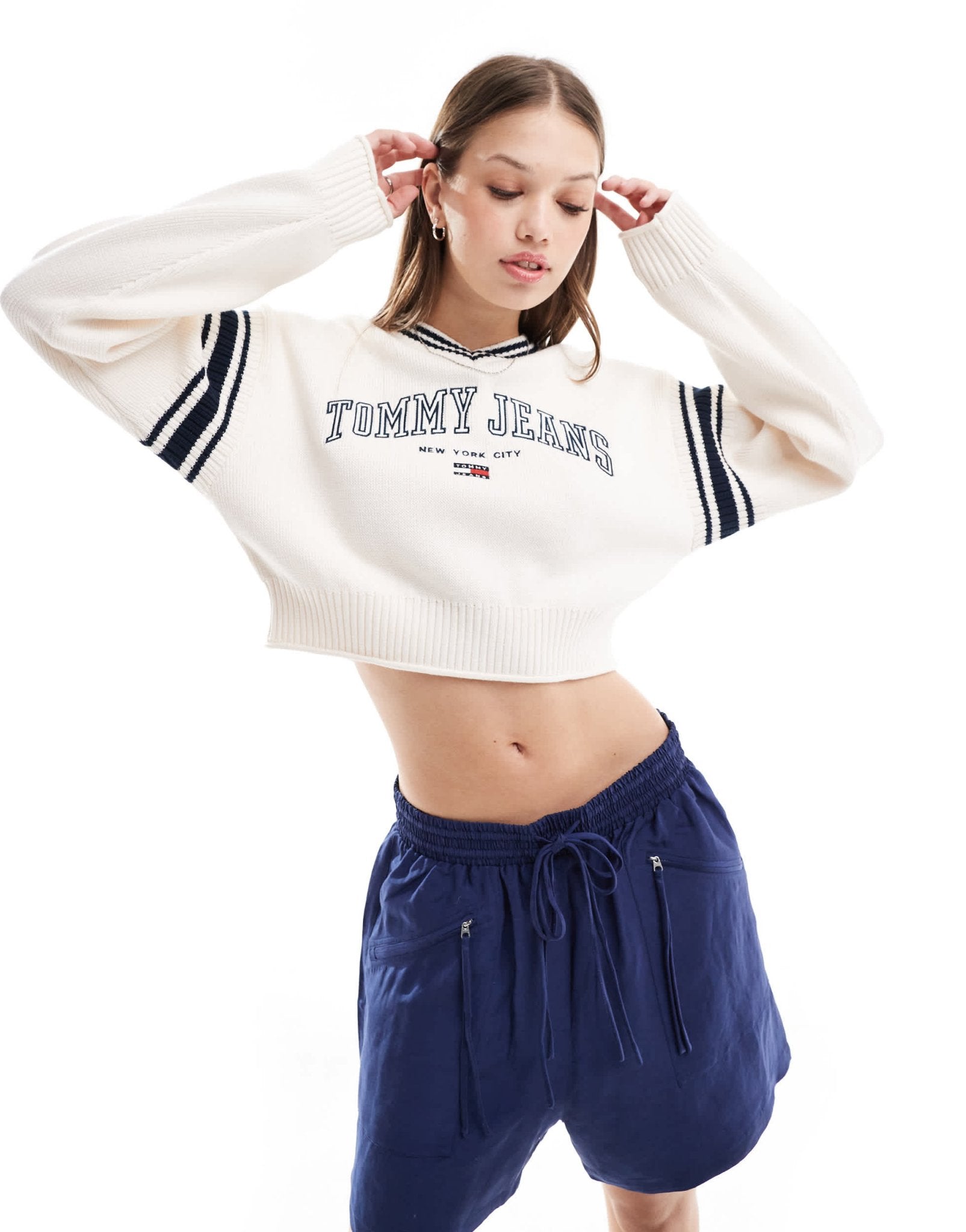 Tommy Jeans crop varsity v neck jumper in white - ASOS Sample Sale