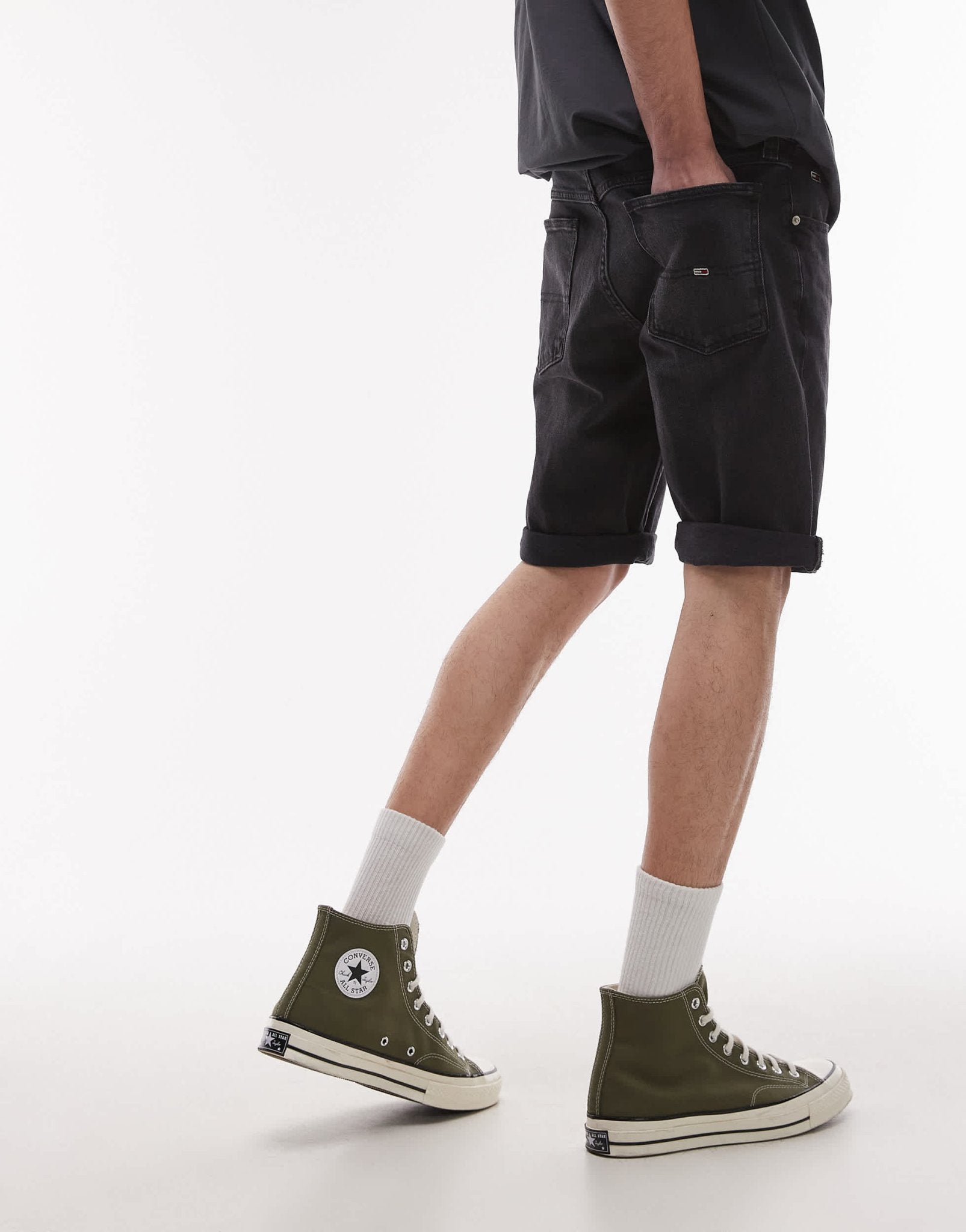 Tommy Jeans Ronnie roll up slim denim shorts in black - ASOS Sample Sale