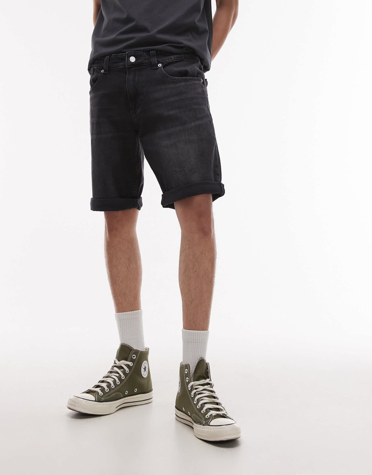Tommy Jeans Ronnie roll up slim denim shorts in black - ASOS Sample Sale