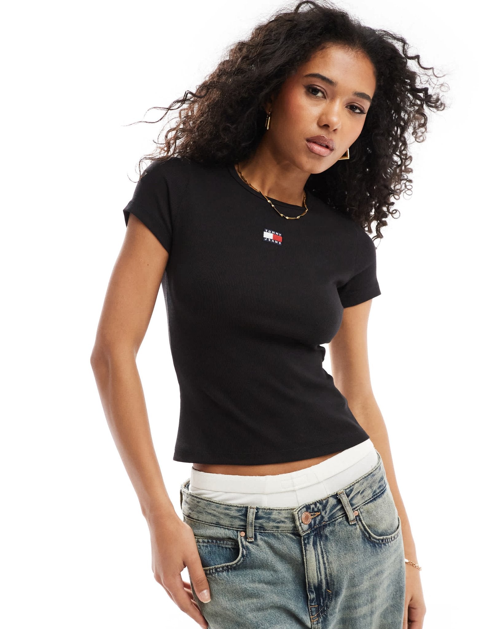 Tommy Jeans slim badge rib t-shirt in black - ASOS Sample Sale