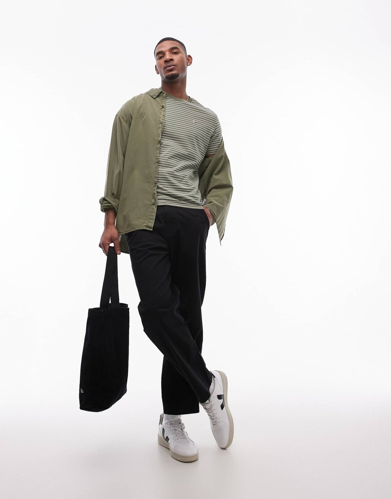 Tommy Jeans slim stripe t-shirt in green and off white - ASOS Sample Sale