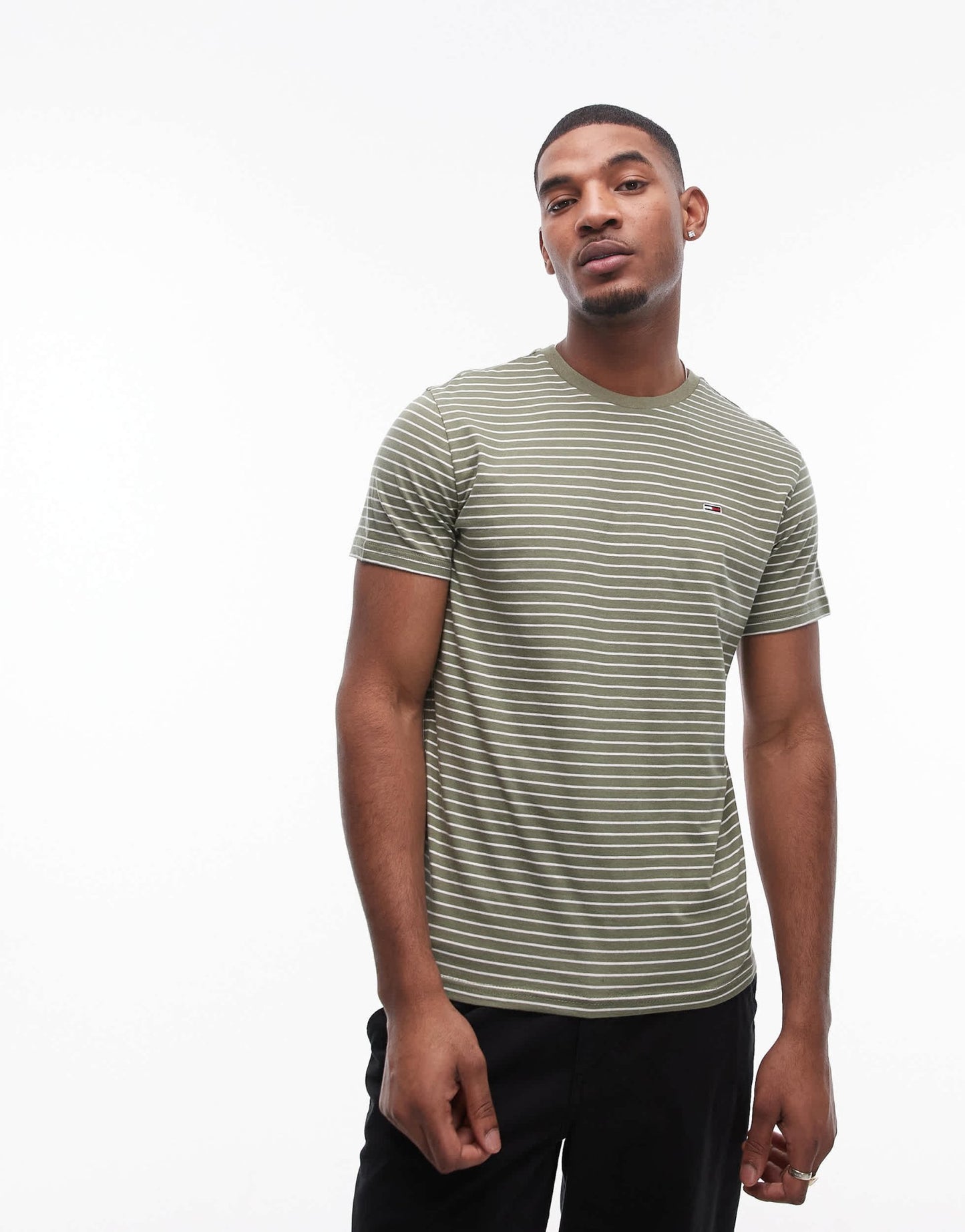 Tommy Jeans slim stripe t-shirt in green and off white - ASOS Sample Sale