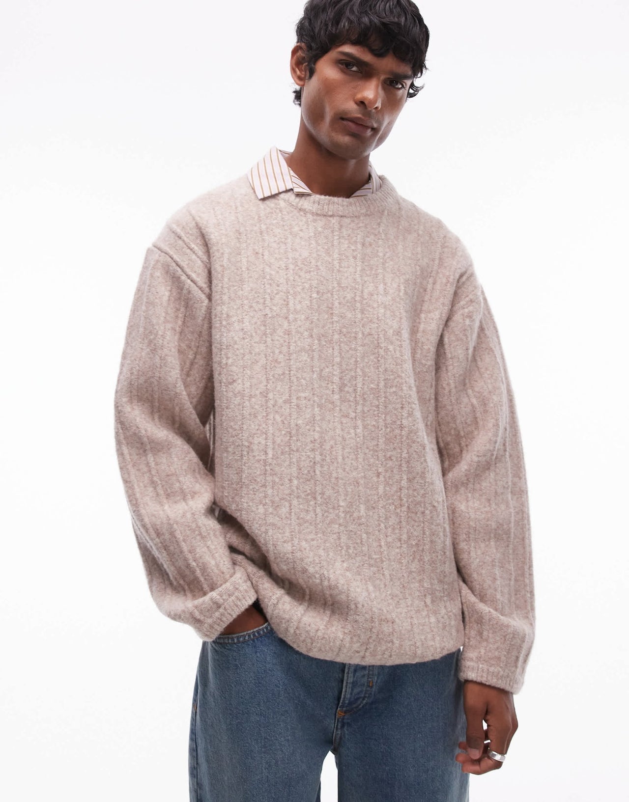 Topman crew neck jumper in oat rib - ASOS Sample Sale