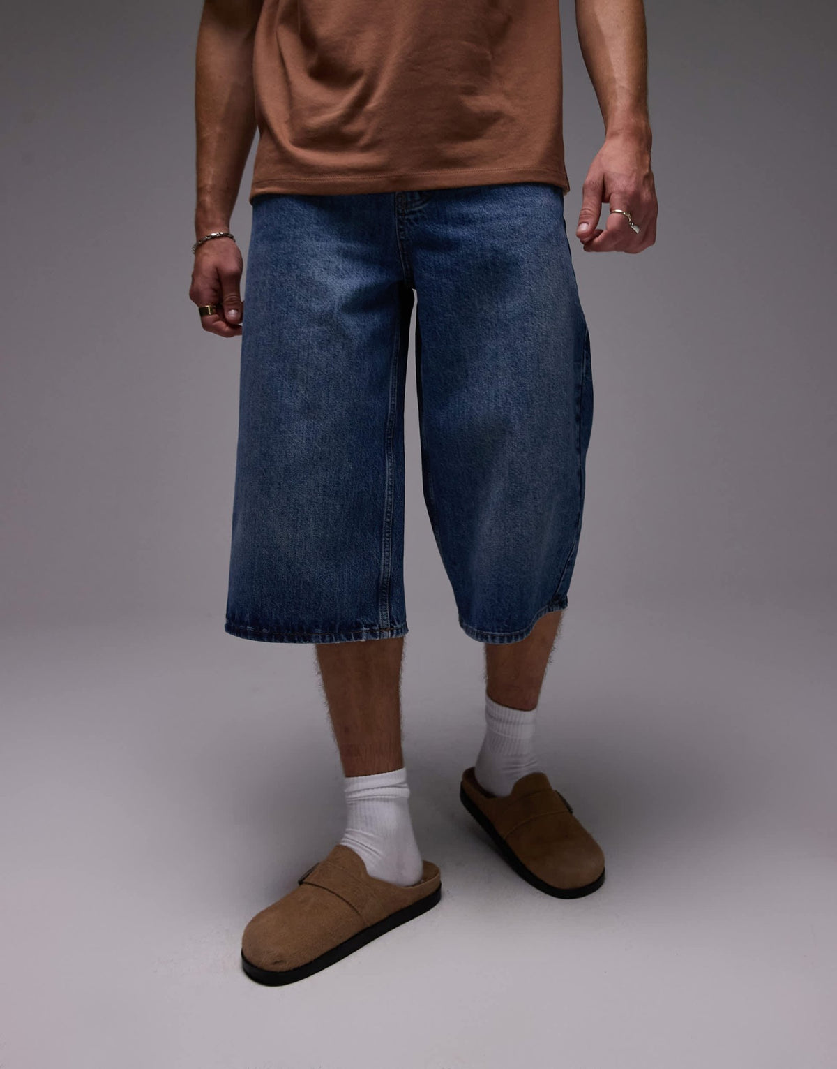 Topman denim mid length jort in mid wash blue - ASOS Sample Sale