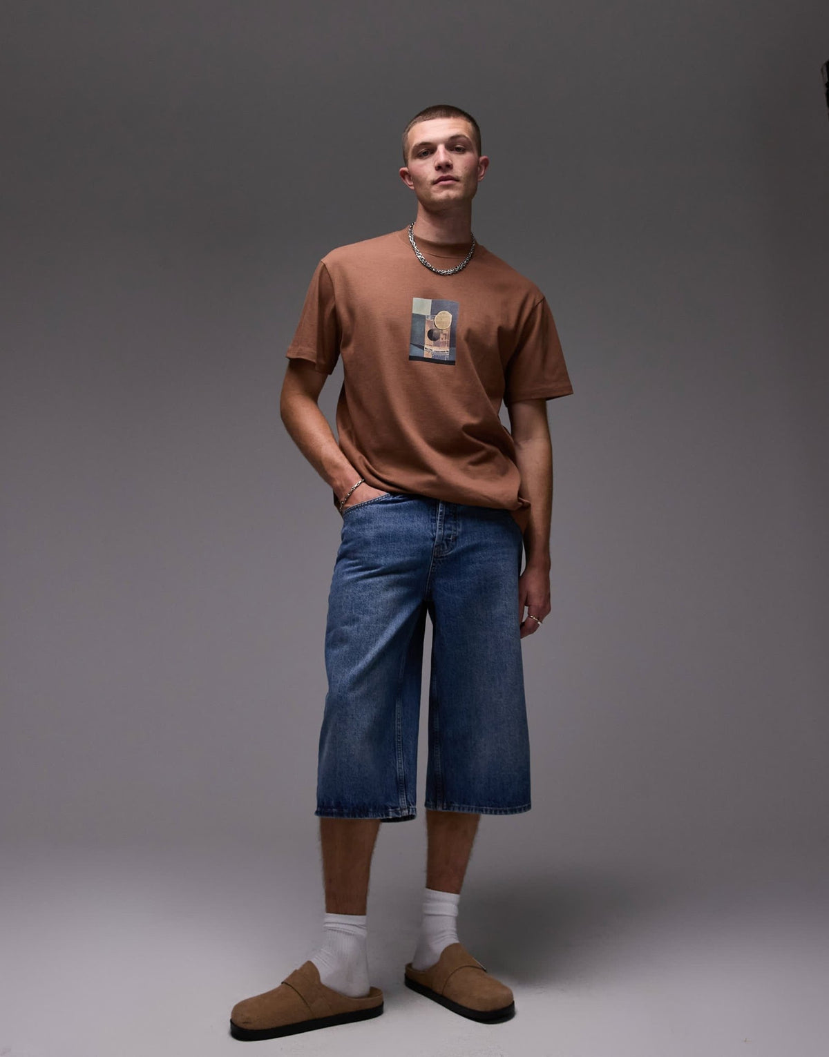 Topman denim mid length jort in mid wash blue - ASOS Sample Sale
