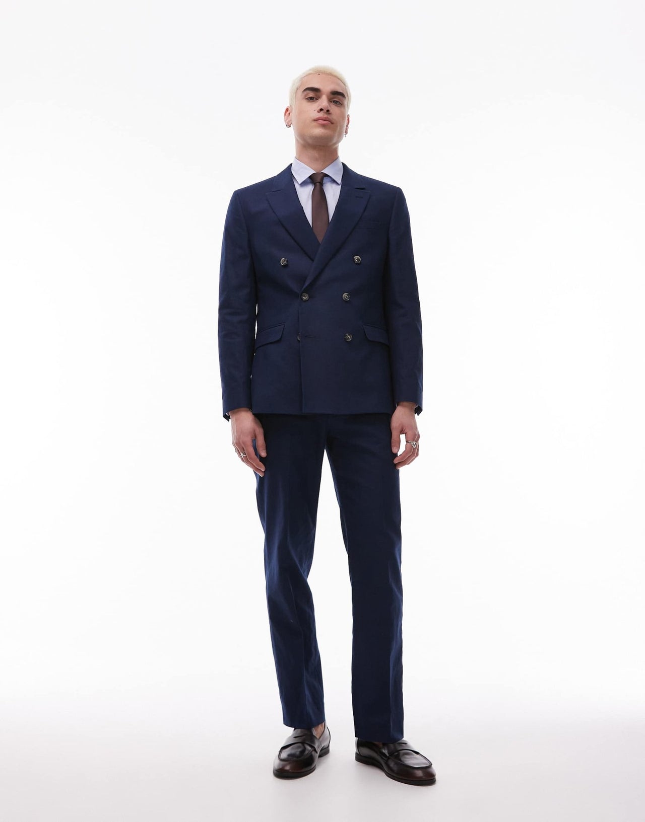 Topman double breasted linen blend blazer in navy - ASOS Sample Sale