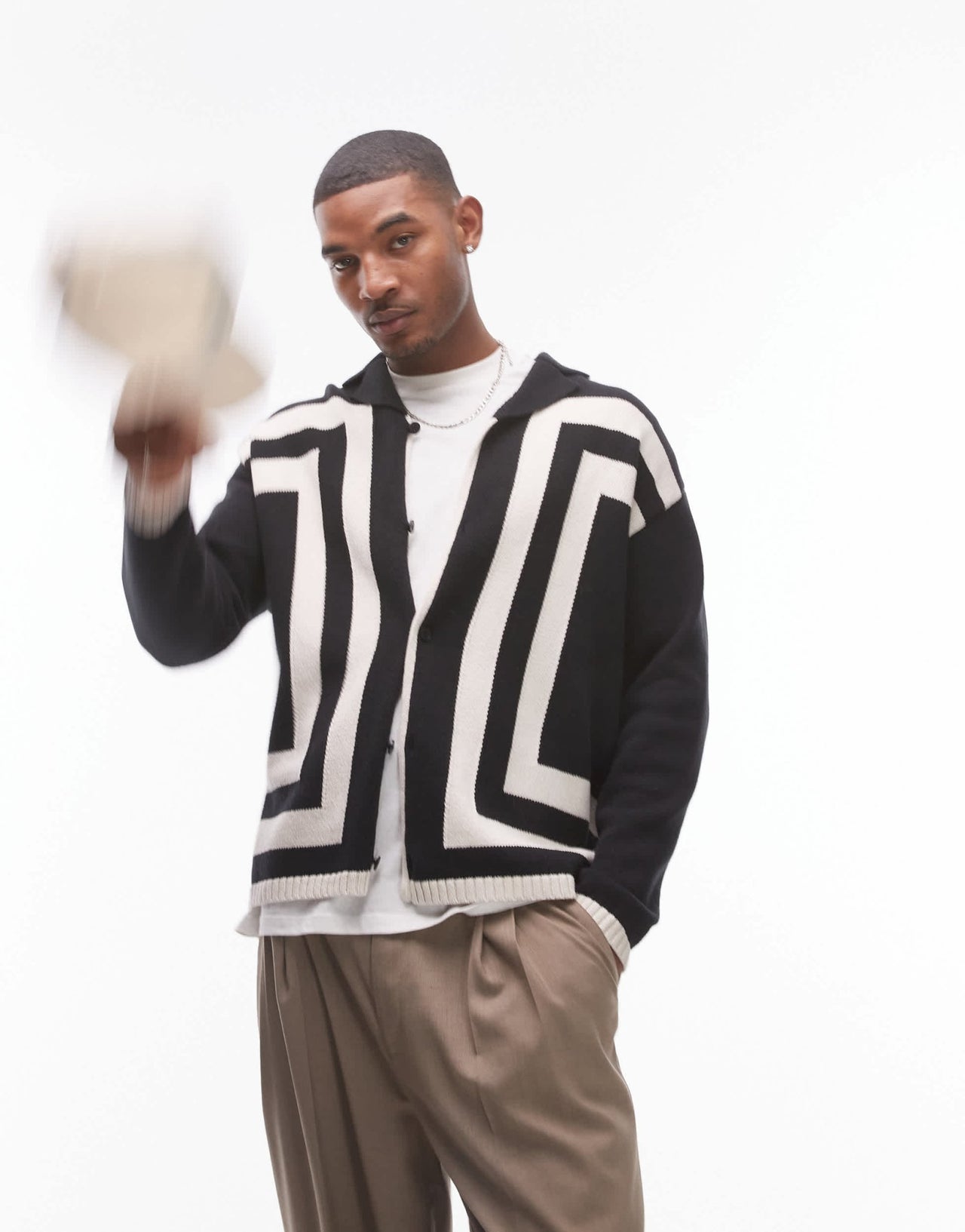 Topman knitted crochet vertical stripe button through long sleeve shirt in black - ASOS Sample Sale