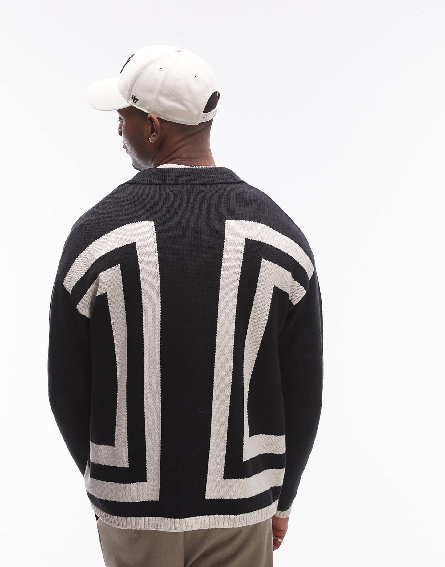 Topman knitted crochet vertical stripe button through long sleeve shirt in black - ASOS Sample Sale