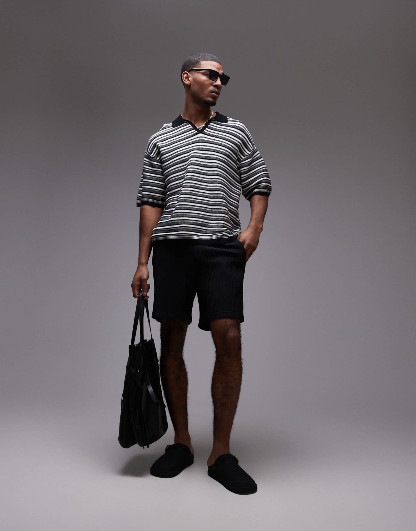Topman knitted stripe polo in monochrome - ASOS Sample Sale