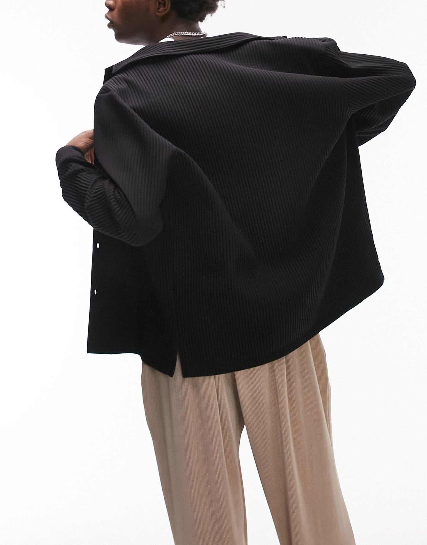 Topman long sleeve regular fit revere plisse shirt in black - ASOS Sample Sale