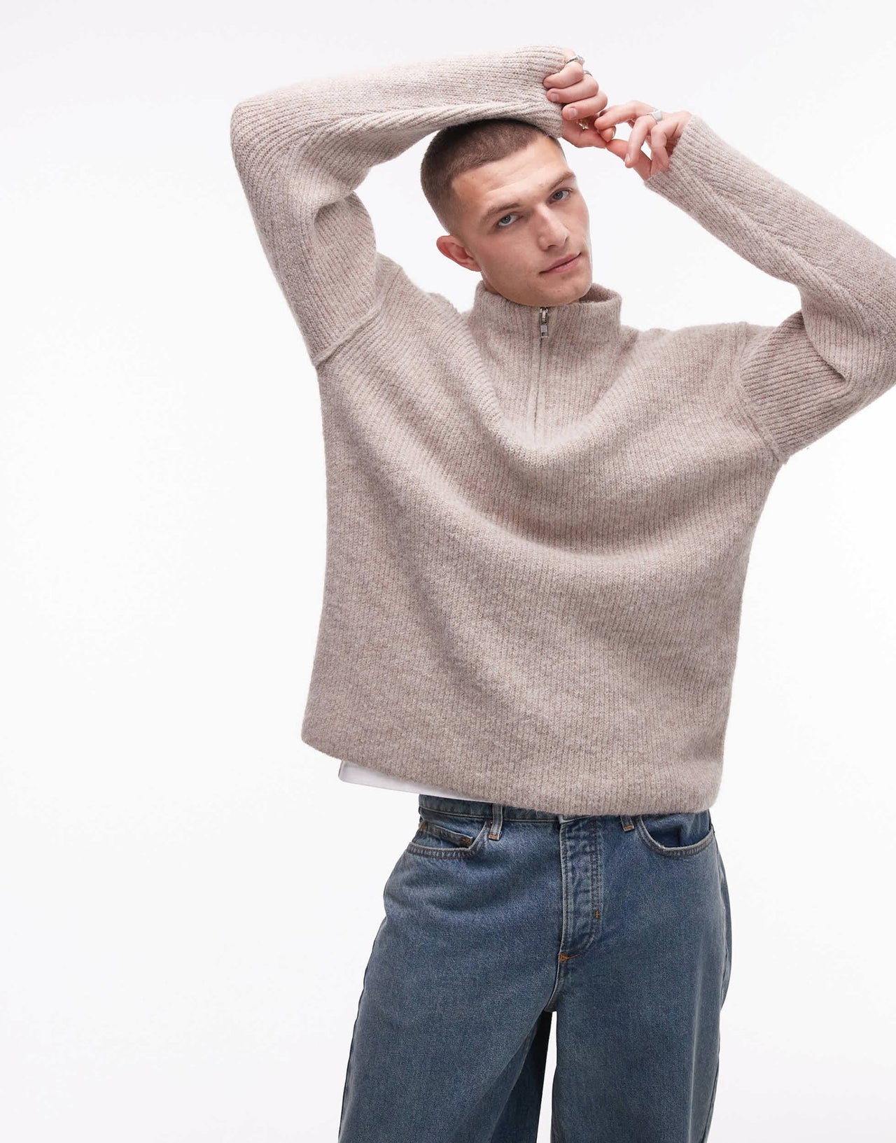 Topman oversized 1/4 zip jumper in oat - ASOS Sample Sale