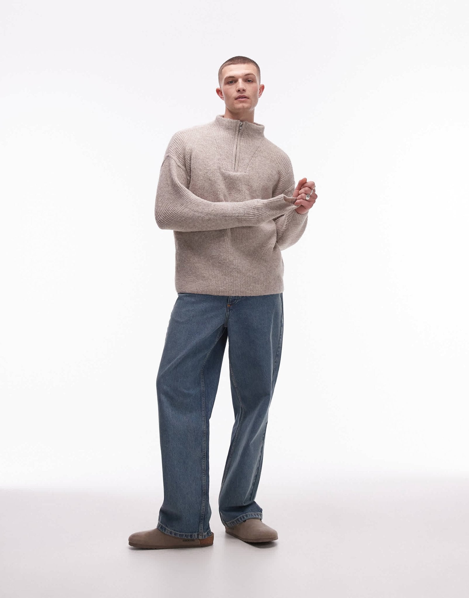 Topman oversized 1/4 zip jumper in oat - ASOS Sample Sale