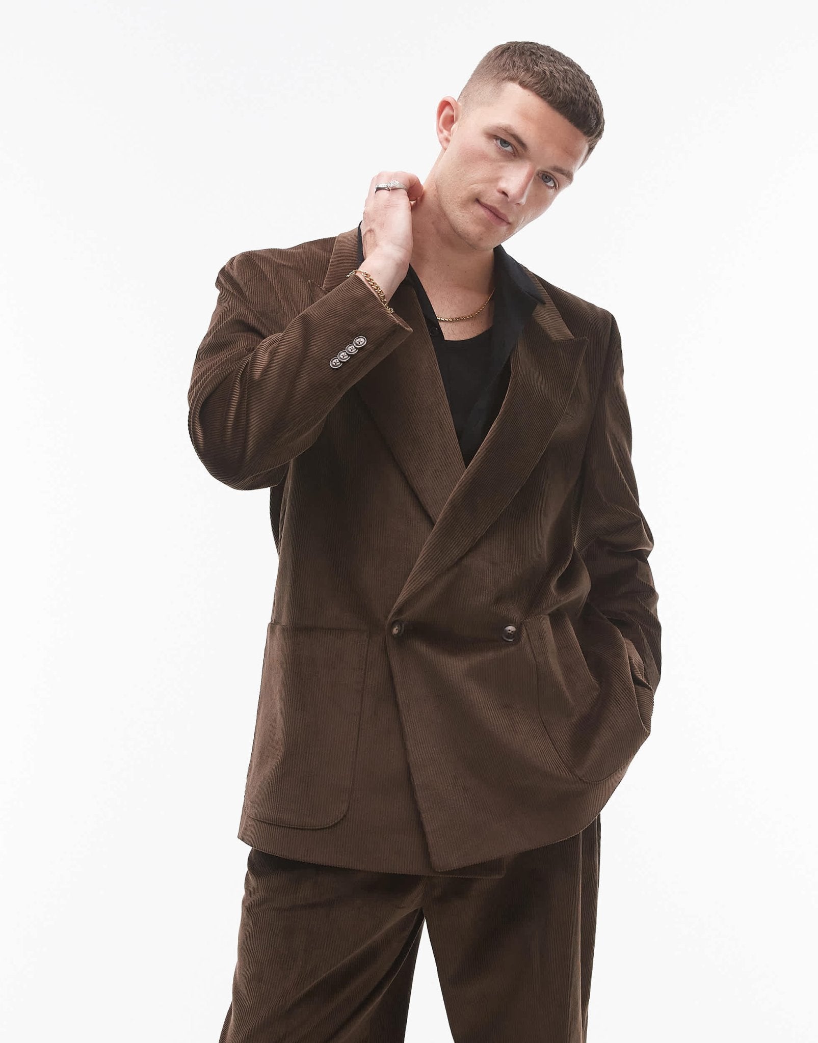 Topman oversized double breasted cord suit jacket in brown - ASOS Sample Sale