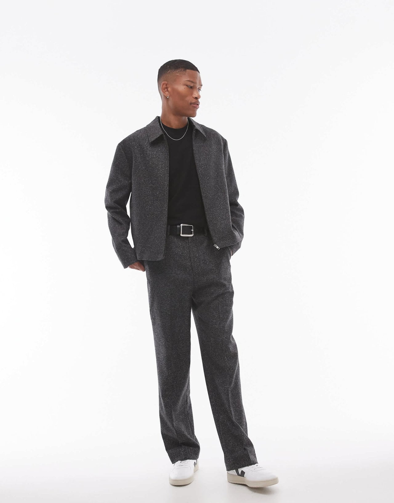 Topman premium harrington wool mix salt and pepper suit jacket in black - ASOS Sample Sale