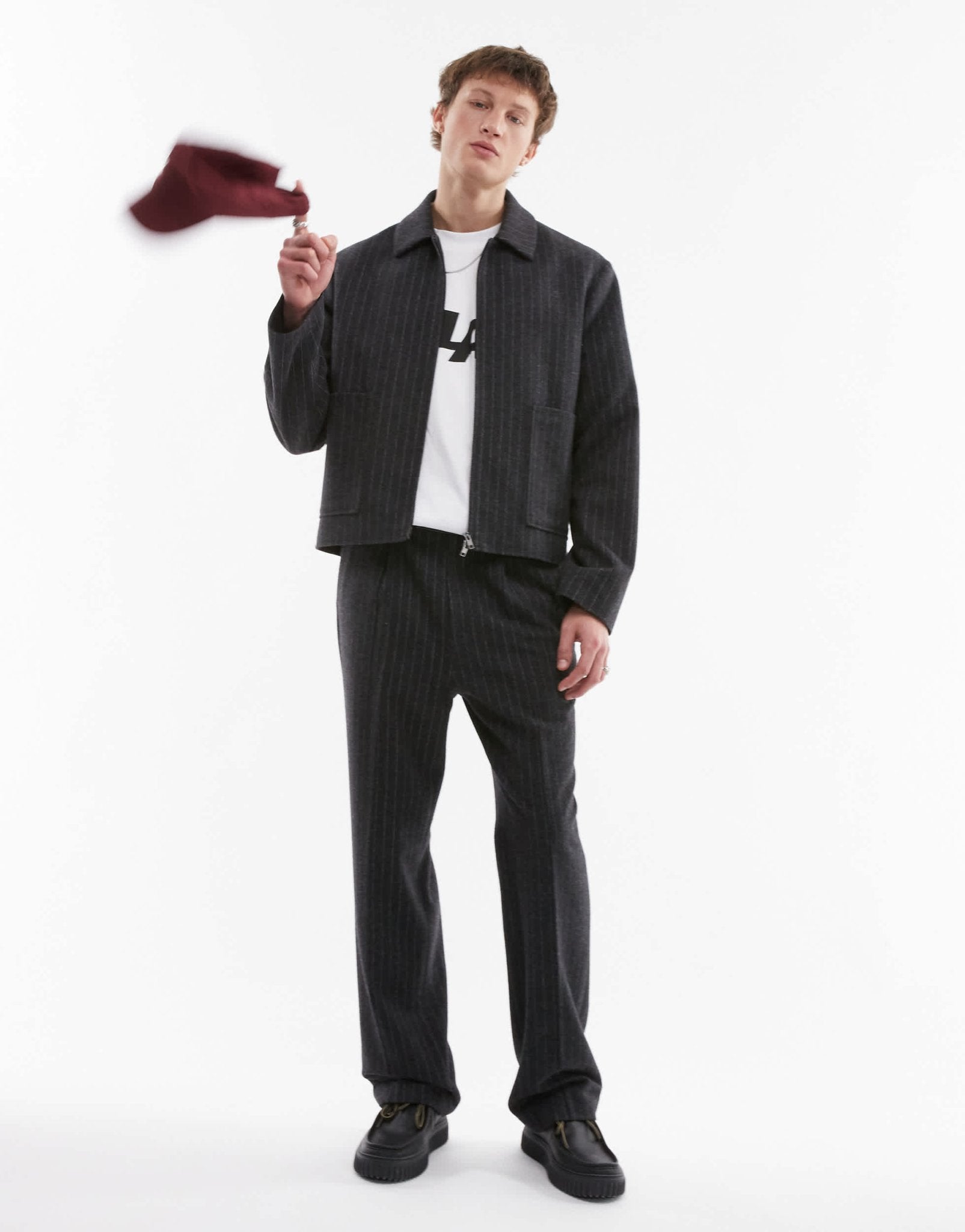 Topman premium relaxed high waisted pinstripe wool blend suit trouser in charcoal - ASOS Sample Sale