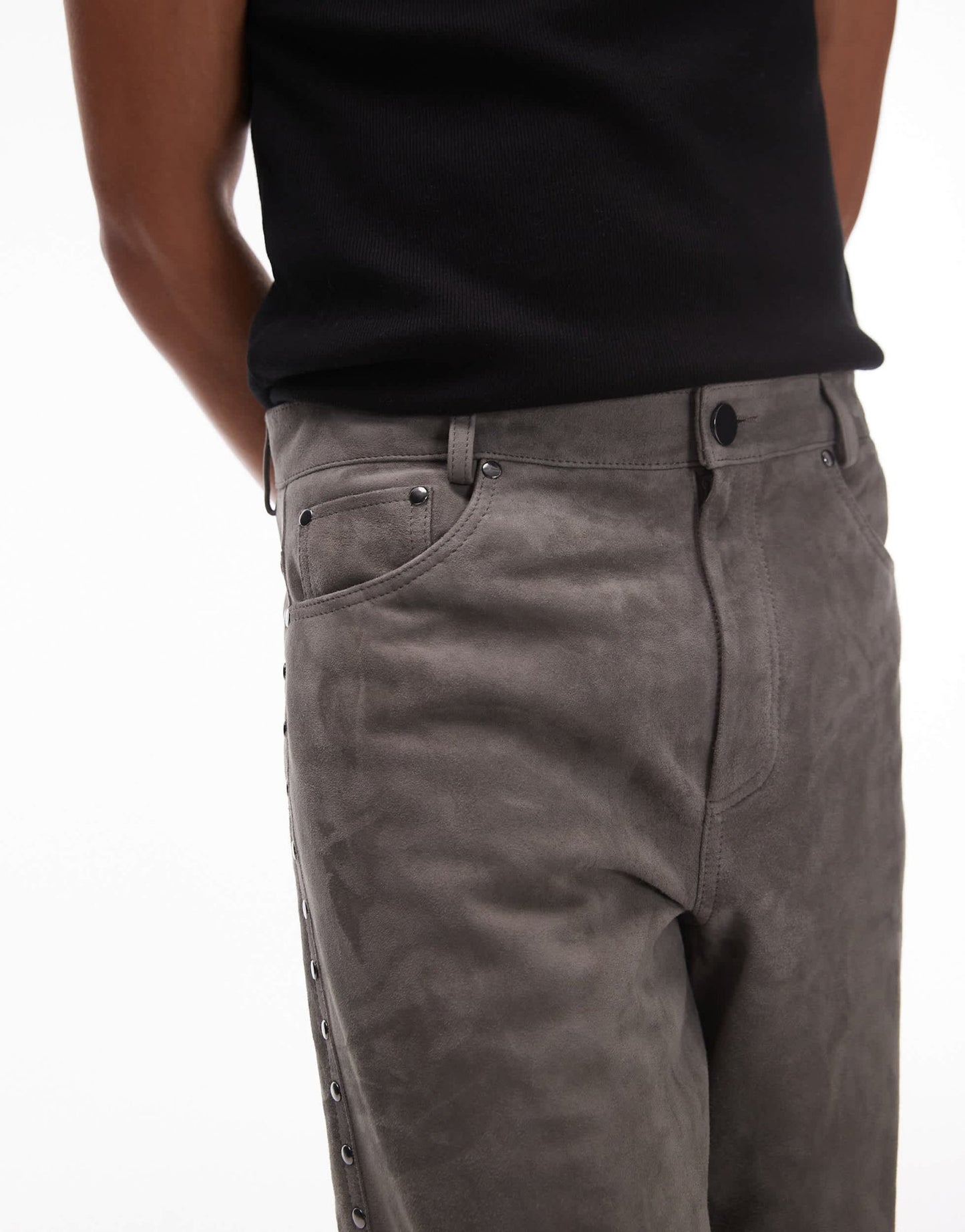 Topman premium straight studded suede trousers in grey - ASOS Sample Sale