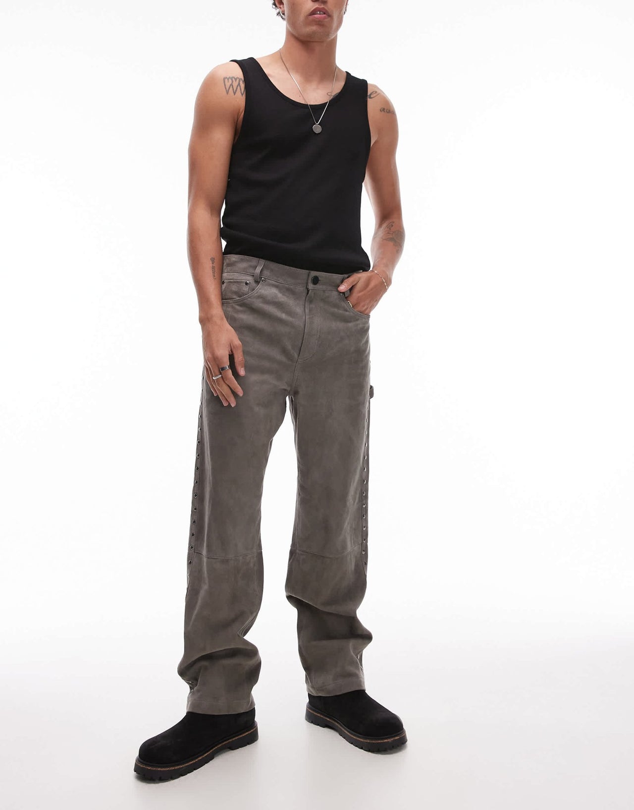 Topman premium straight studded suede trousers in grey - ASOS Sample Sale