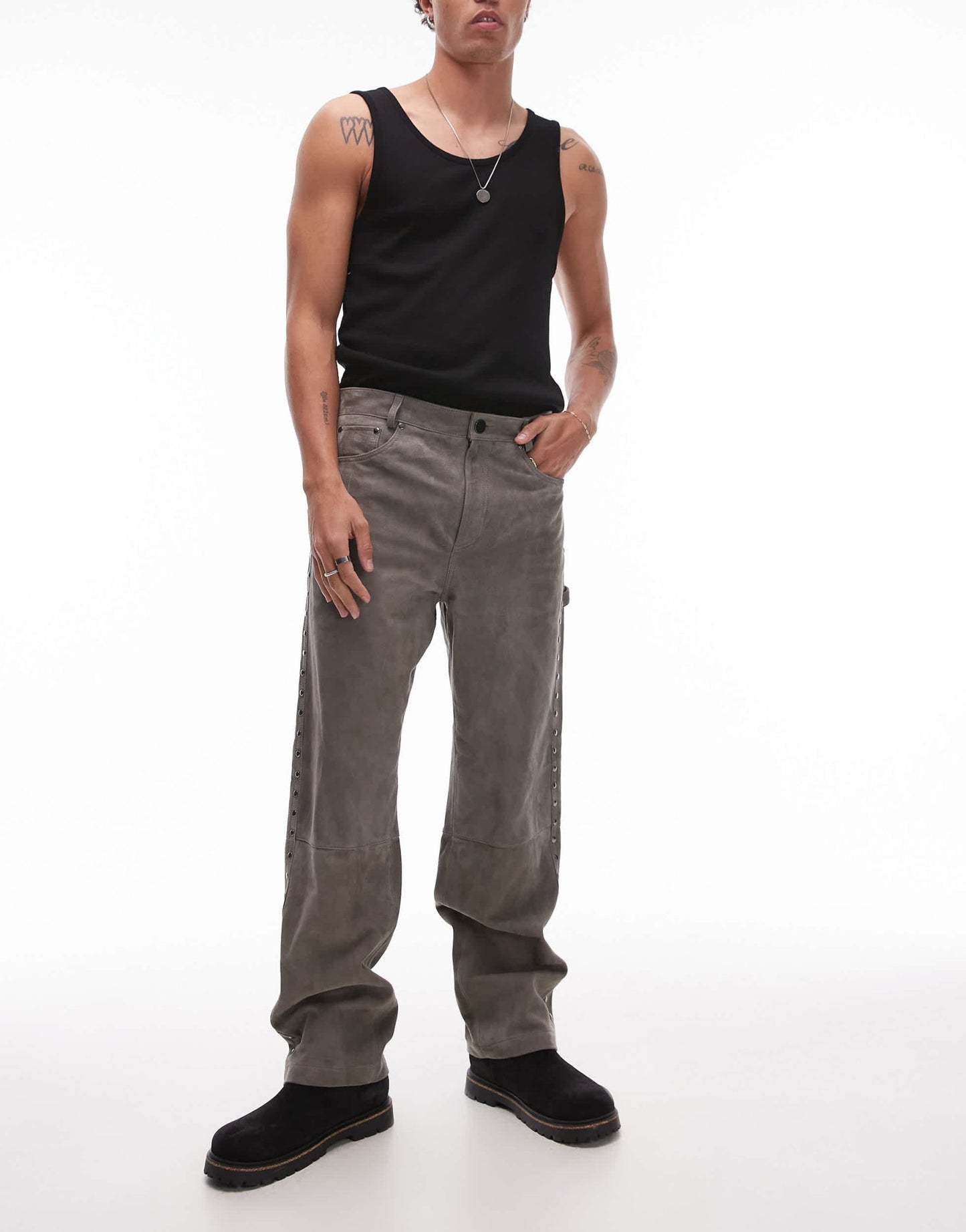 Topman premium straight studded suede trousers in grey - ASOS Sample Sale